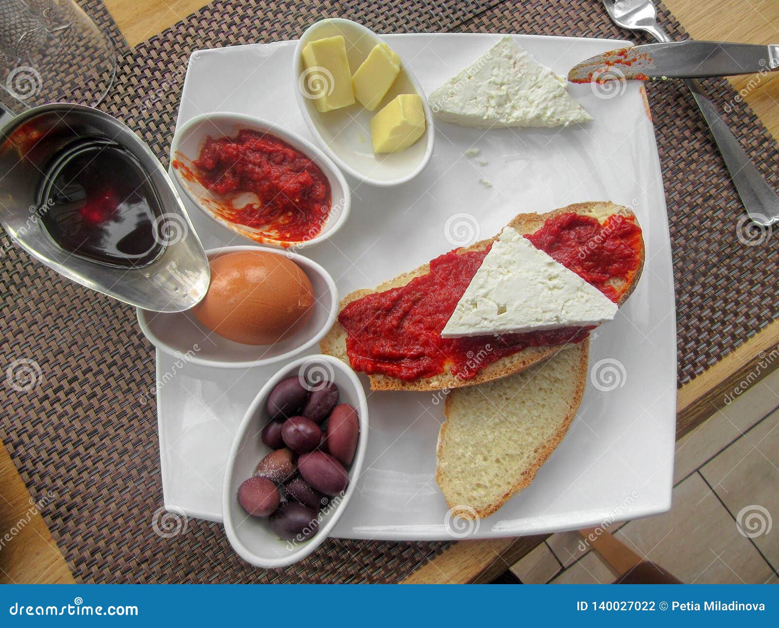 Balkan Breakfast Bread, White Cheese, Chutney, Egg, Butter, Olives