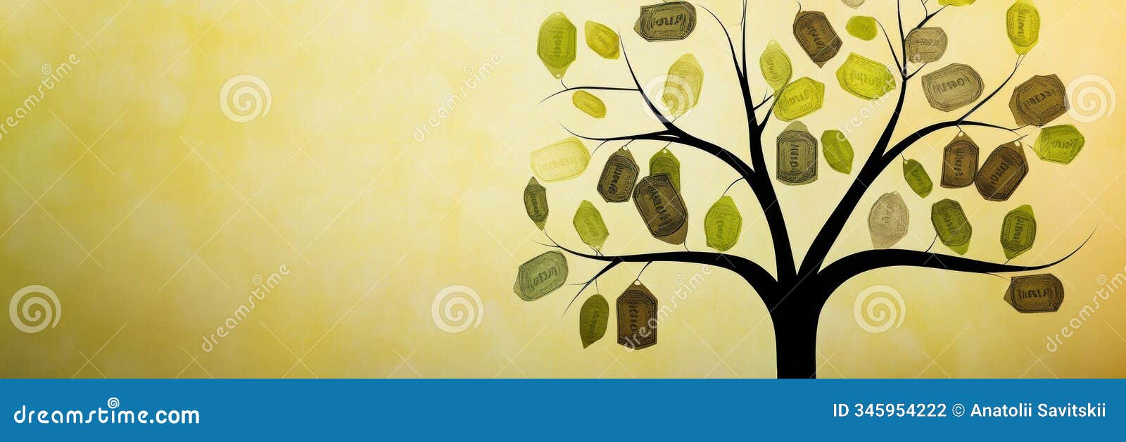 a unique tree features abstract branches adorned with colorful discount s and price tags instead of leaves