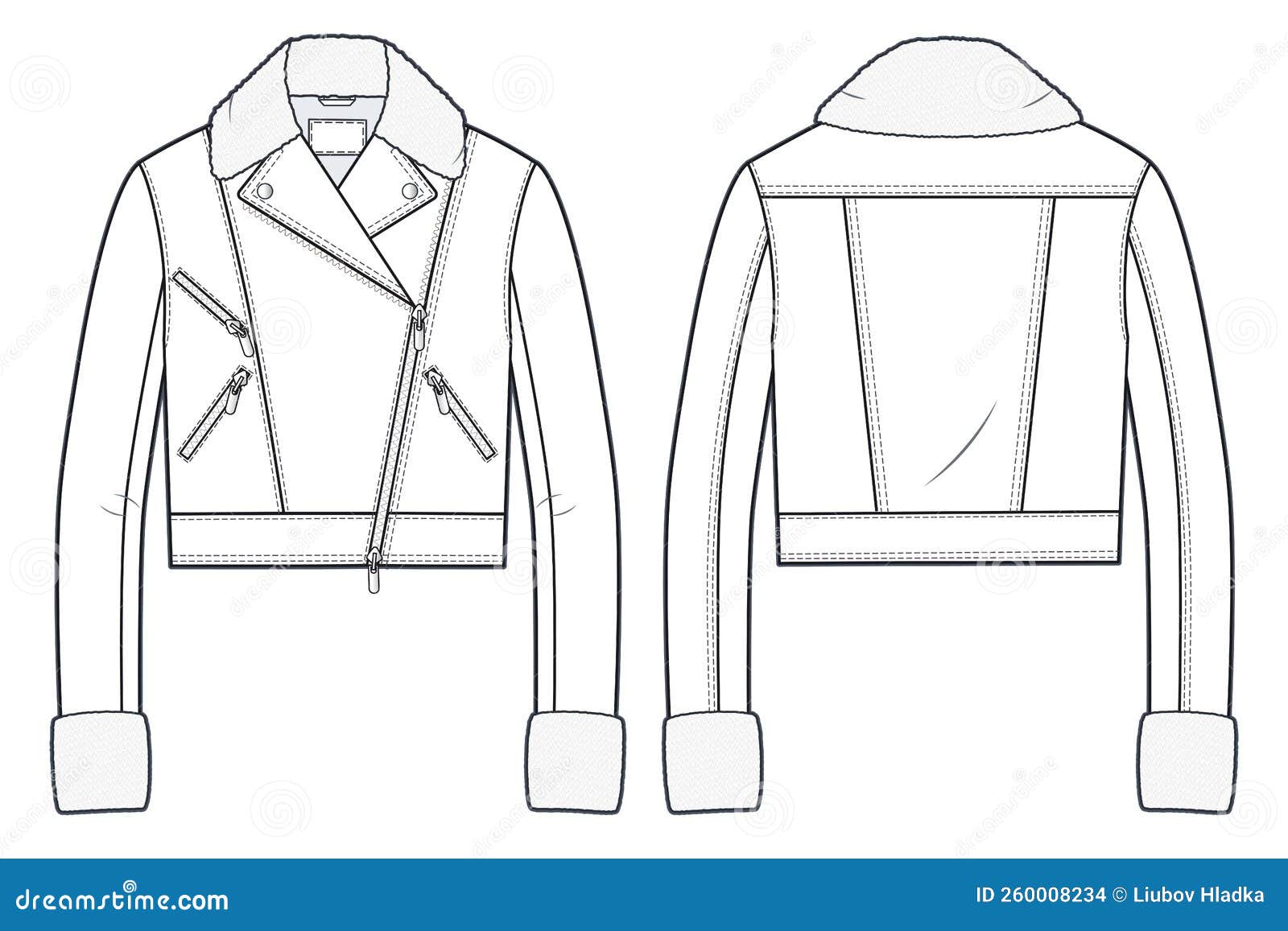 Unisex Biker Jacket with Faux Fur Technical Fashion Illustration. Stock ...