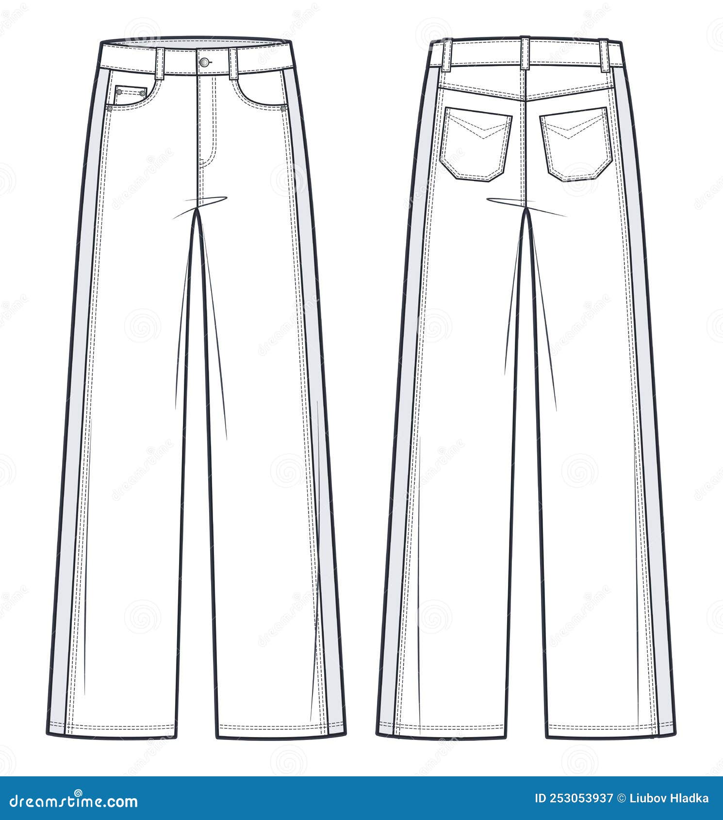 Unisex Jeans Pants Fashion Flat Technical Drawing Template. Stock
