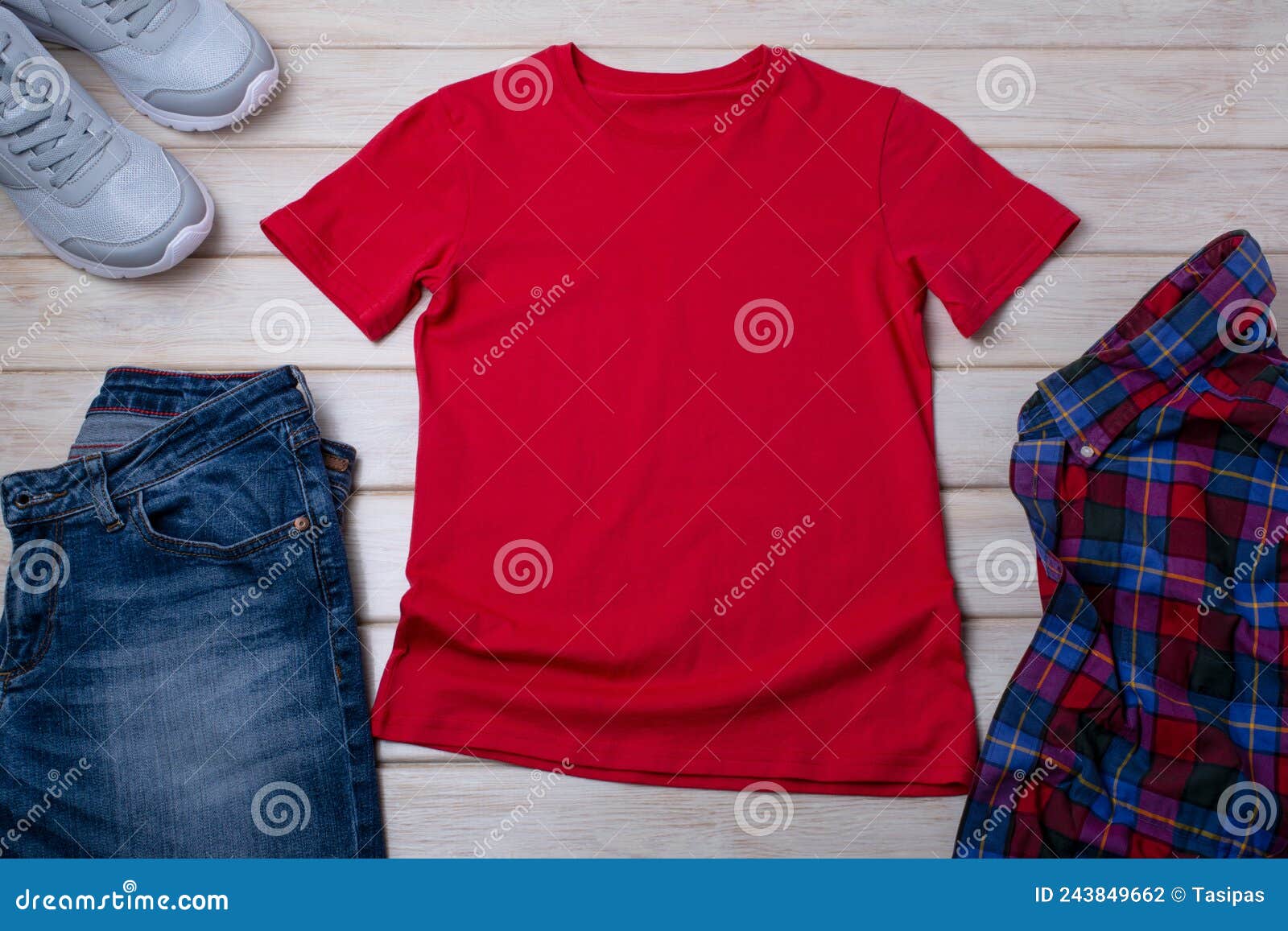 Unisex Red T-shirt Mockup with Trainers and Jeans Stock Photo - Image ...