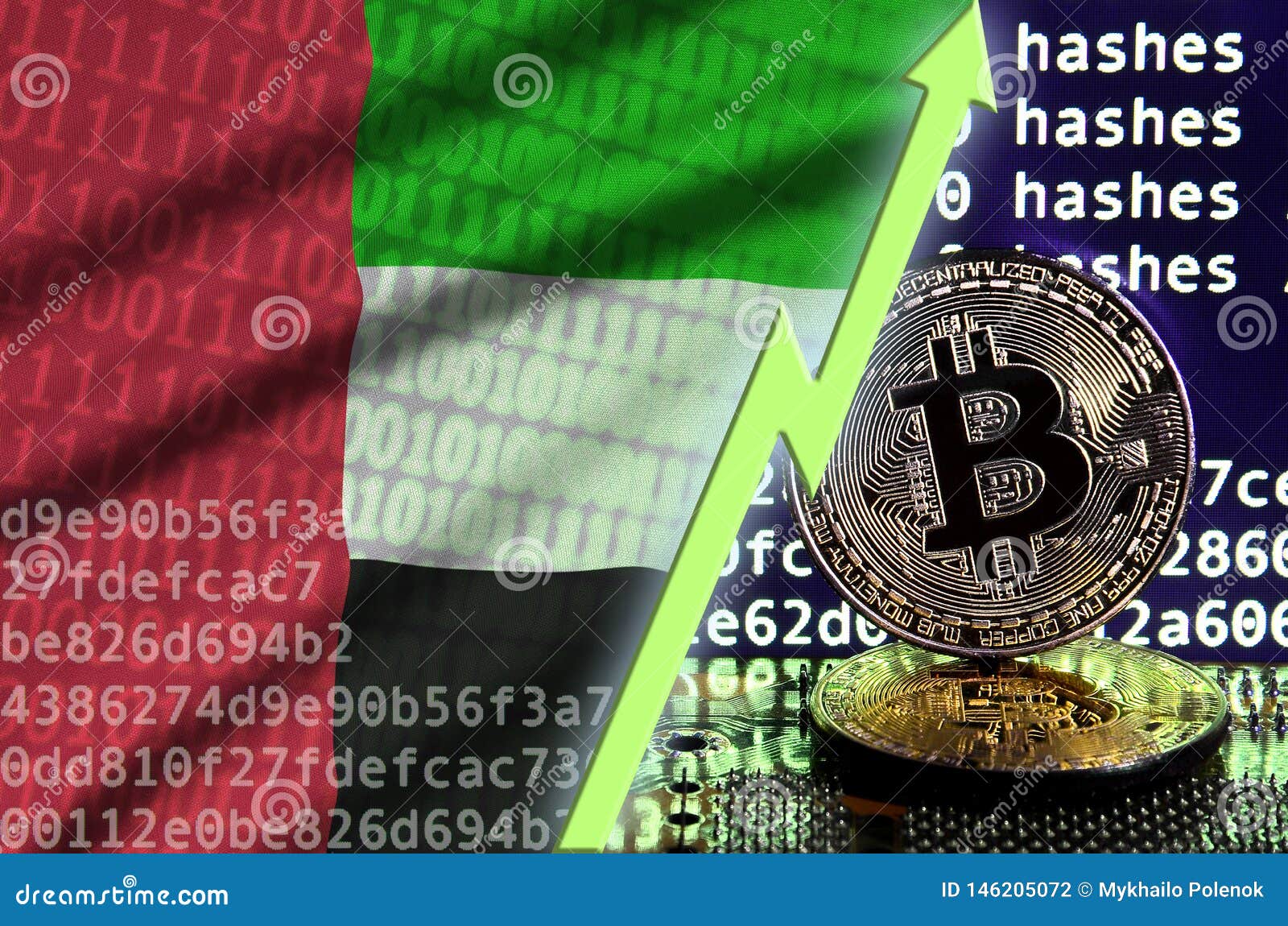 United Arab Emirates Flag And Rising Green Arrow On Bitcoin Mining - 