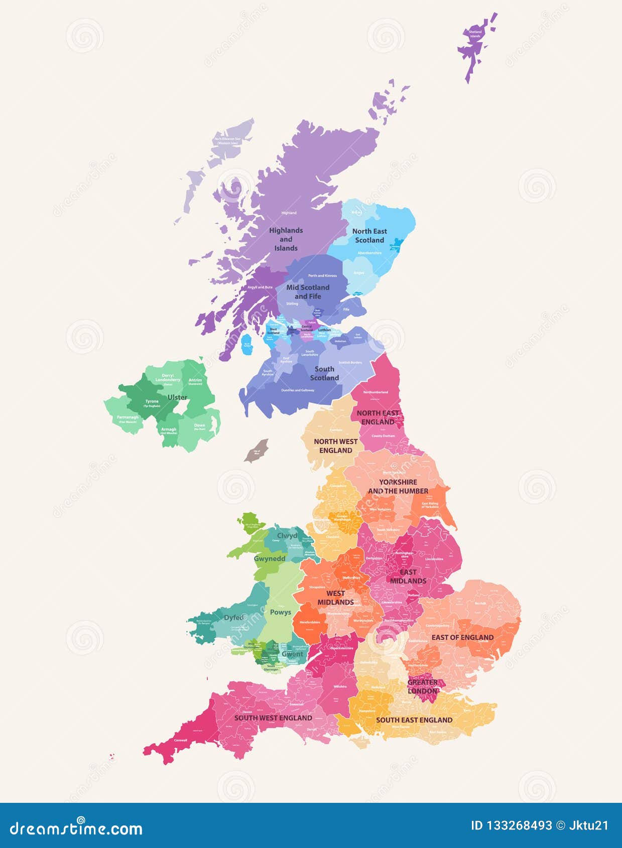 united kingdom administrative districts high detailed  map colored by regions with editable and labelled layers