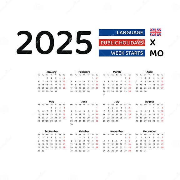 United Kingdom Calendar 2025. Week Starts from Monday. Vector Graphic
