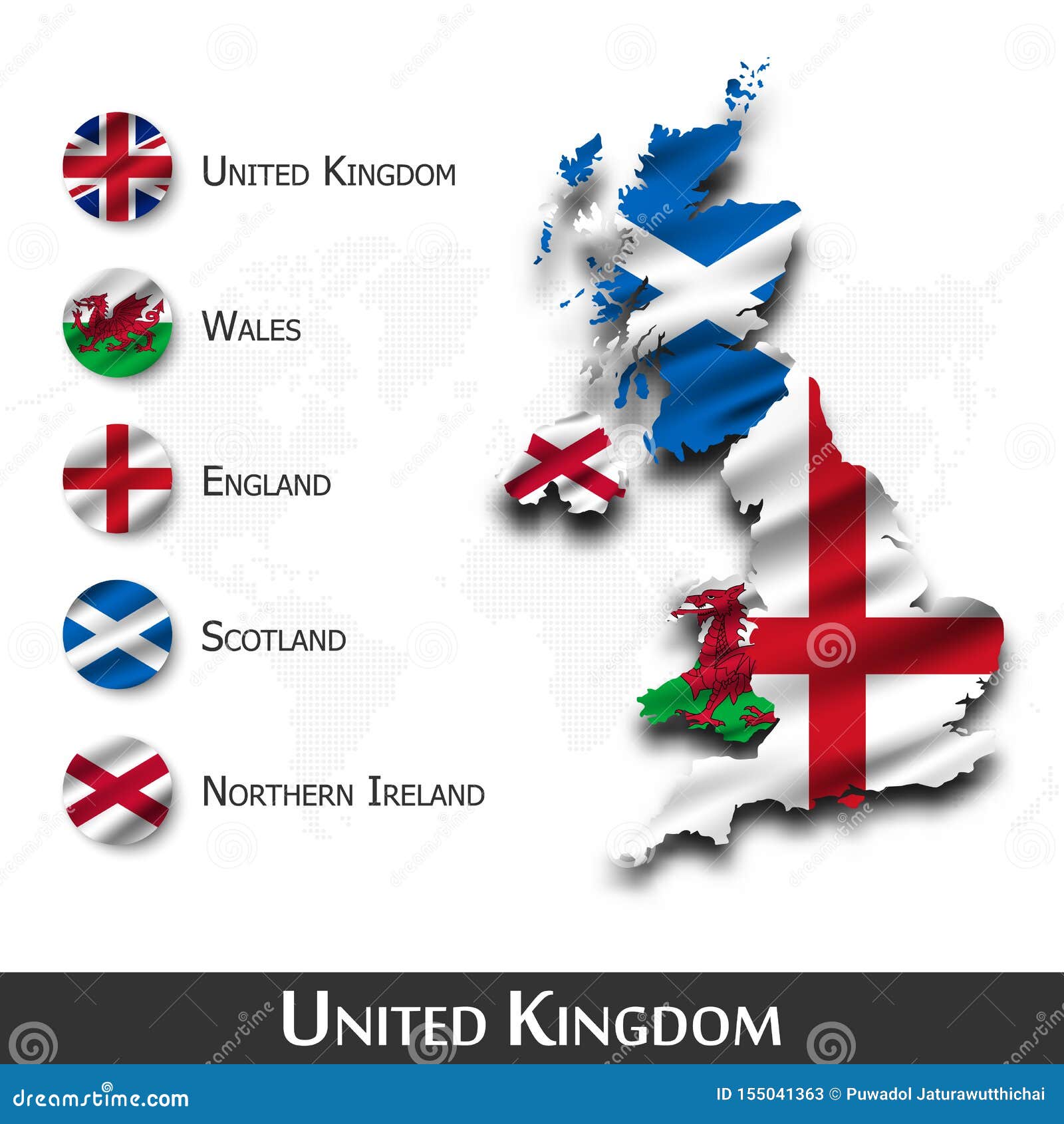 united kingdom of great britain map and flag  scotland . northern ireland . wales . england  . waving textile  . dot world