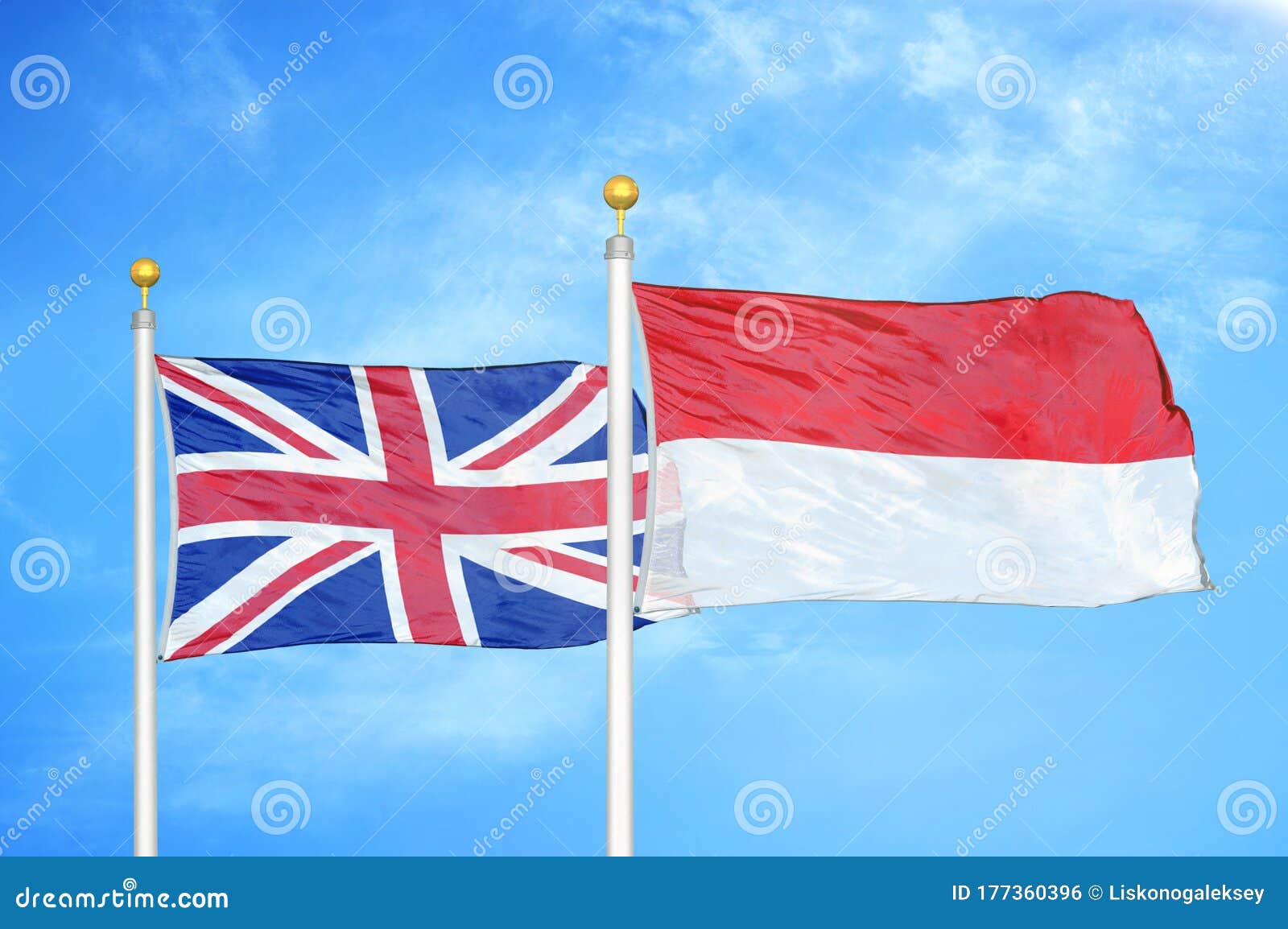 United Kingdom And Indonesia Two Flags On Flagpoles And Blue Cloudy Sky Stock Photo Image Of Cloud Conflict