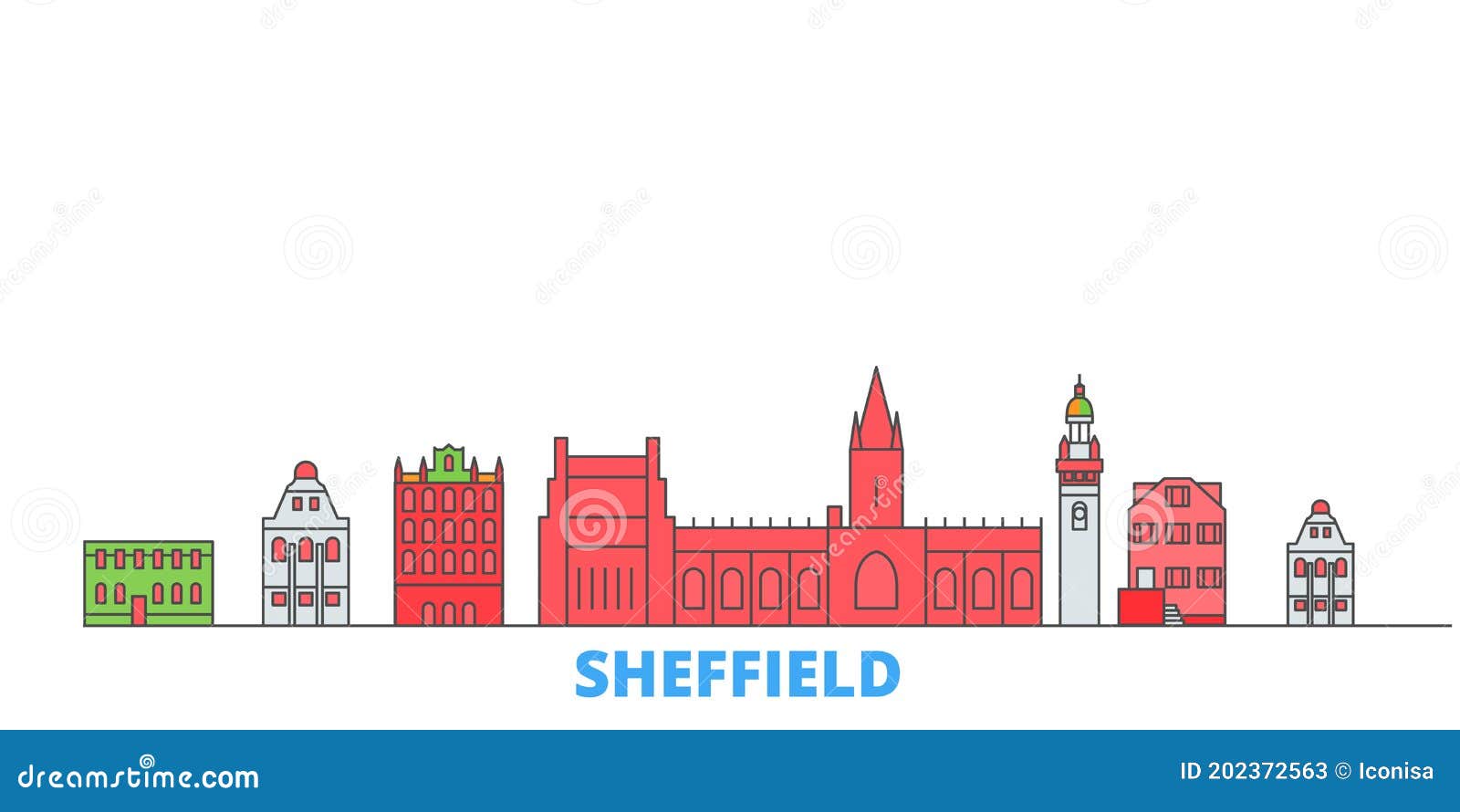 United Kingdom, Sheffield Line Cityscape, Flat Vector. Travel City ...