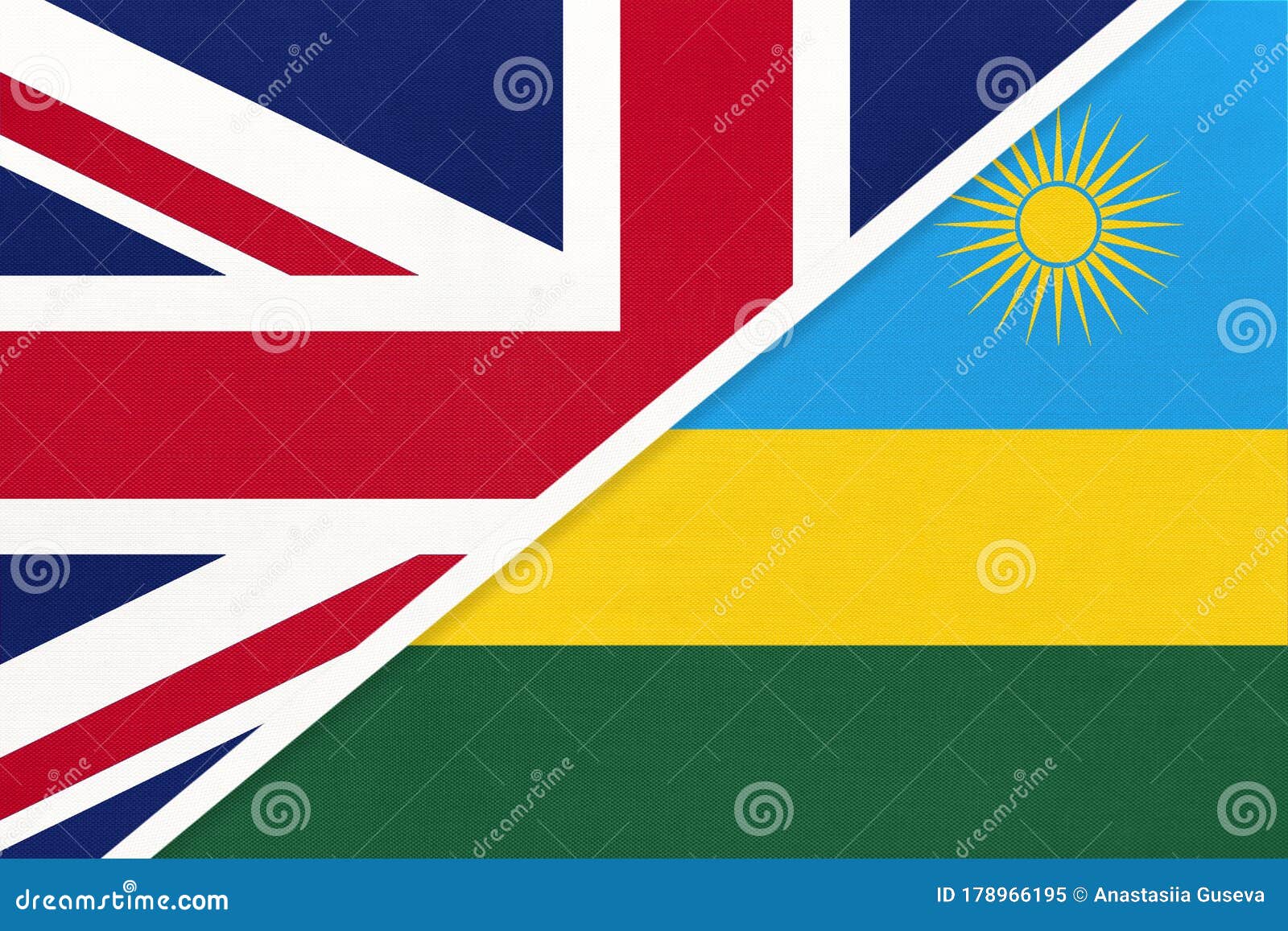 united kingdom vs rwanda national flag from textile. relationship between two european and african countries