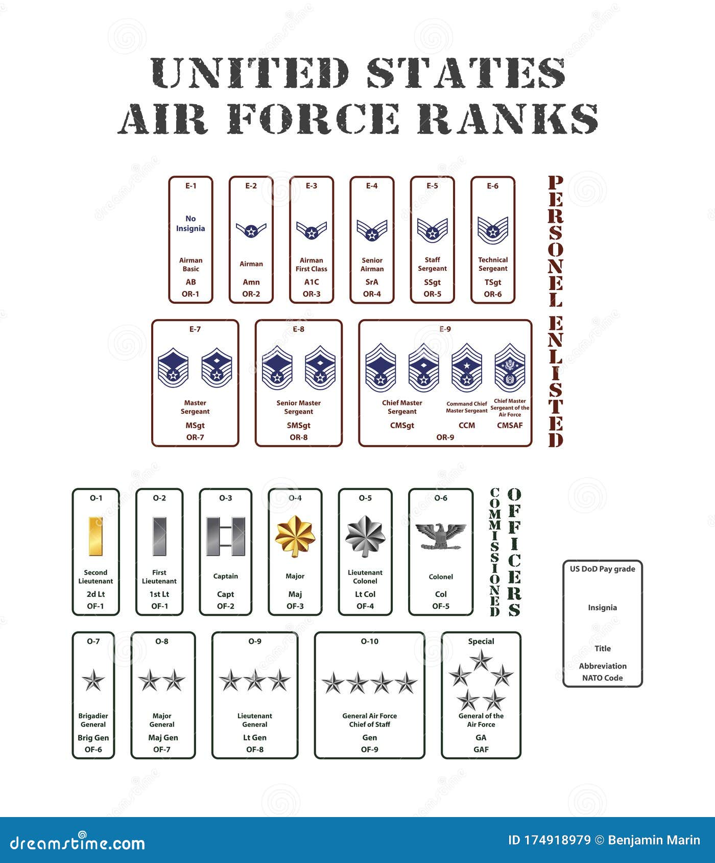 United States Air Force Ranks on White Background Stock Vector ...