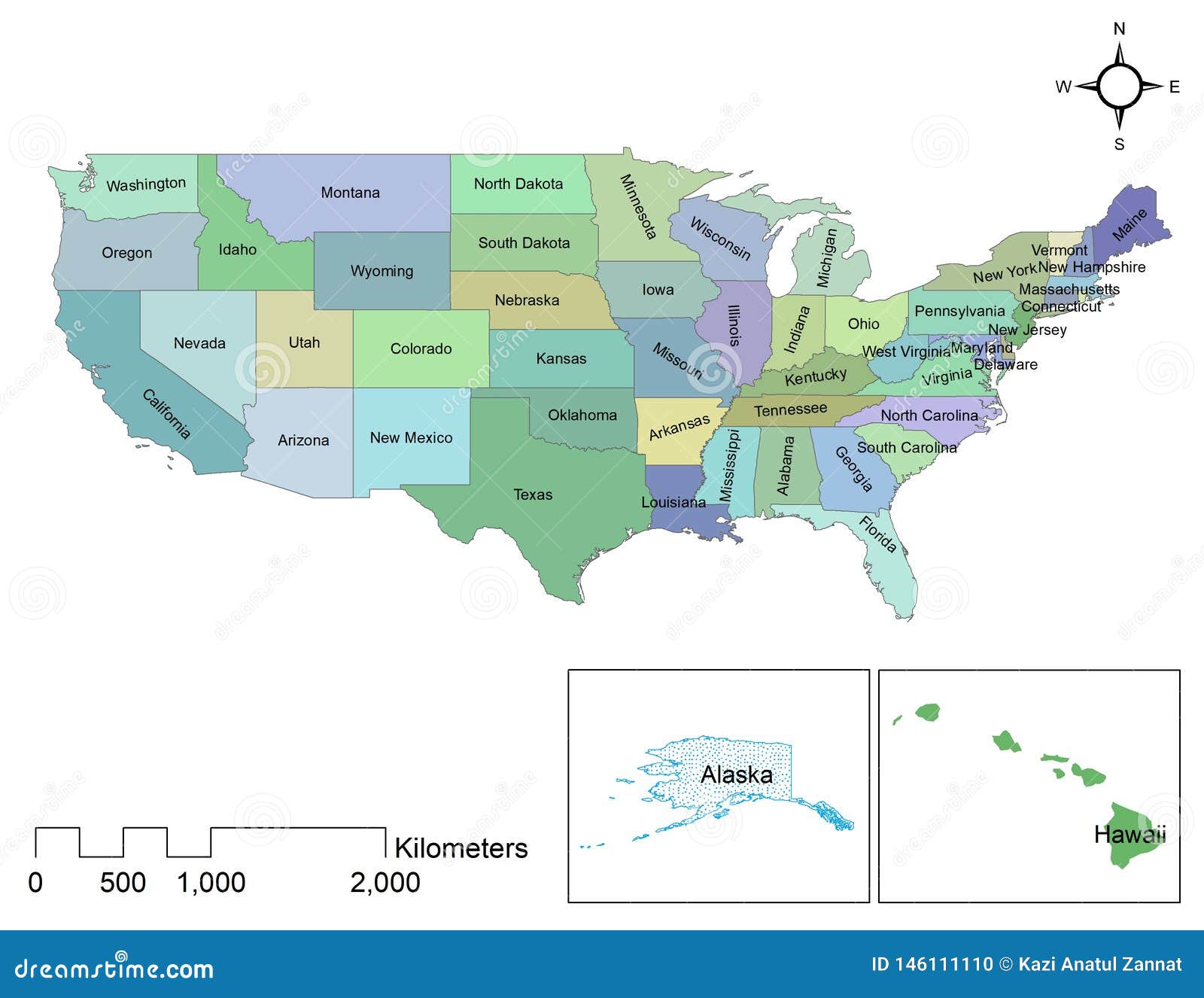 United States Of America Map Of Fifty States Usa Sates Map Stock