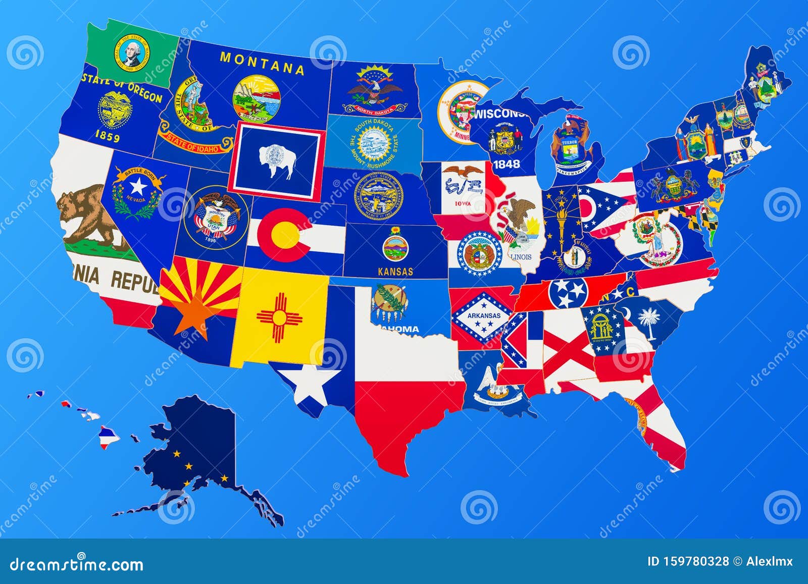 United States of America Map with State Flags on Blue Background, 3D  Rendering Stock Illustration - Illustration of american, state: 159780328