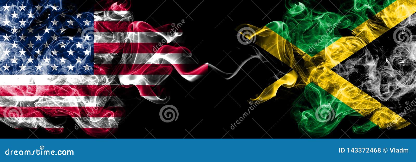 united states of america vs jamaica, jamaican smoky mystic flags placed side by side. thick colored silky smoke flags of america
