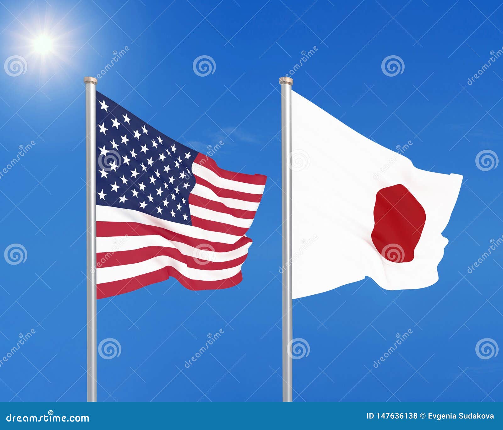 United States Of America Vs Japan Thick Colored Silky Flags Of America And Japan 3d Illustration On Sky Background Stock Illustration Illustration Of Dialog Combination 147636138