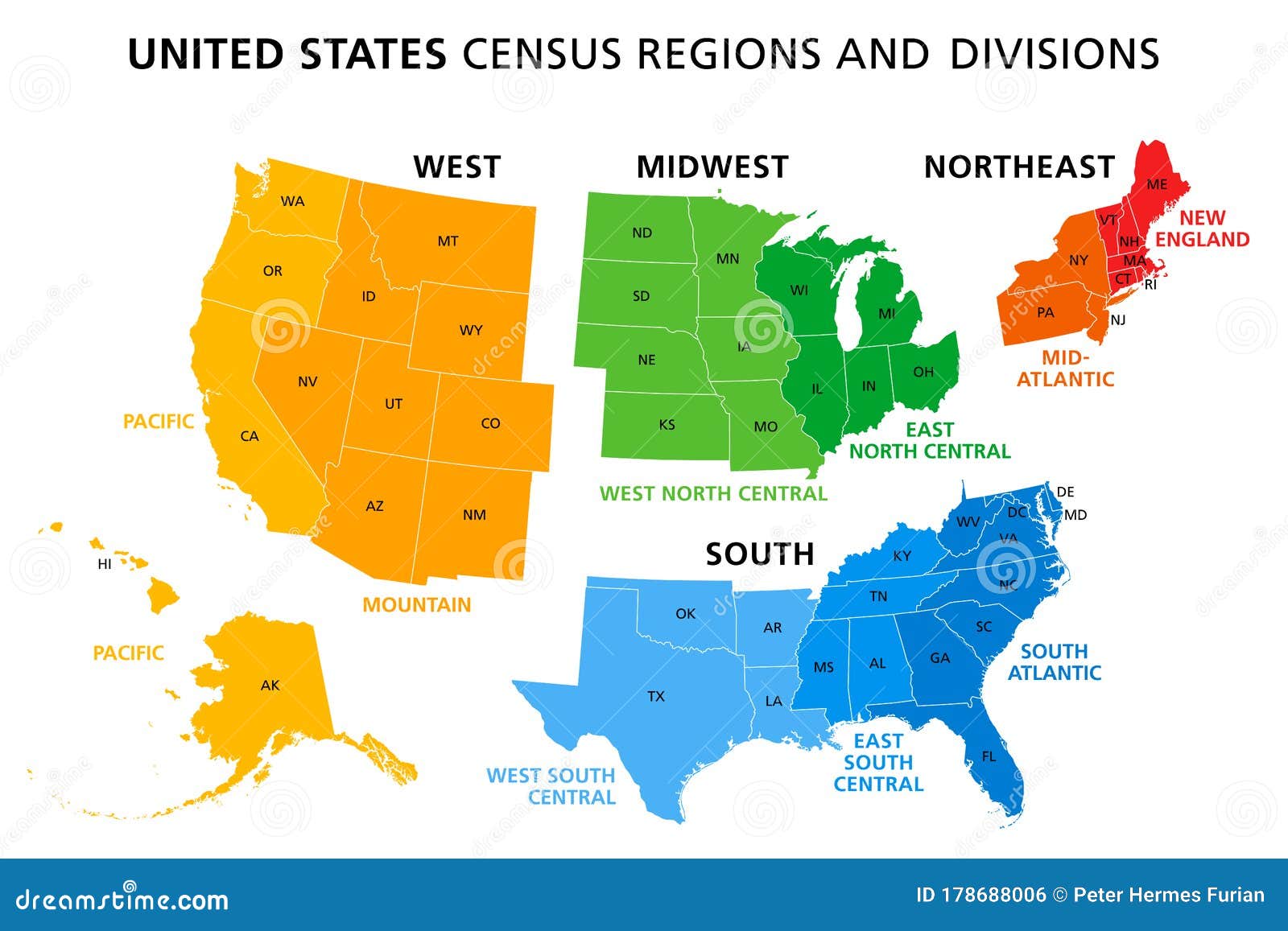 Map Of United States Split Into Census Regions And Divisions Stock