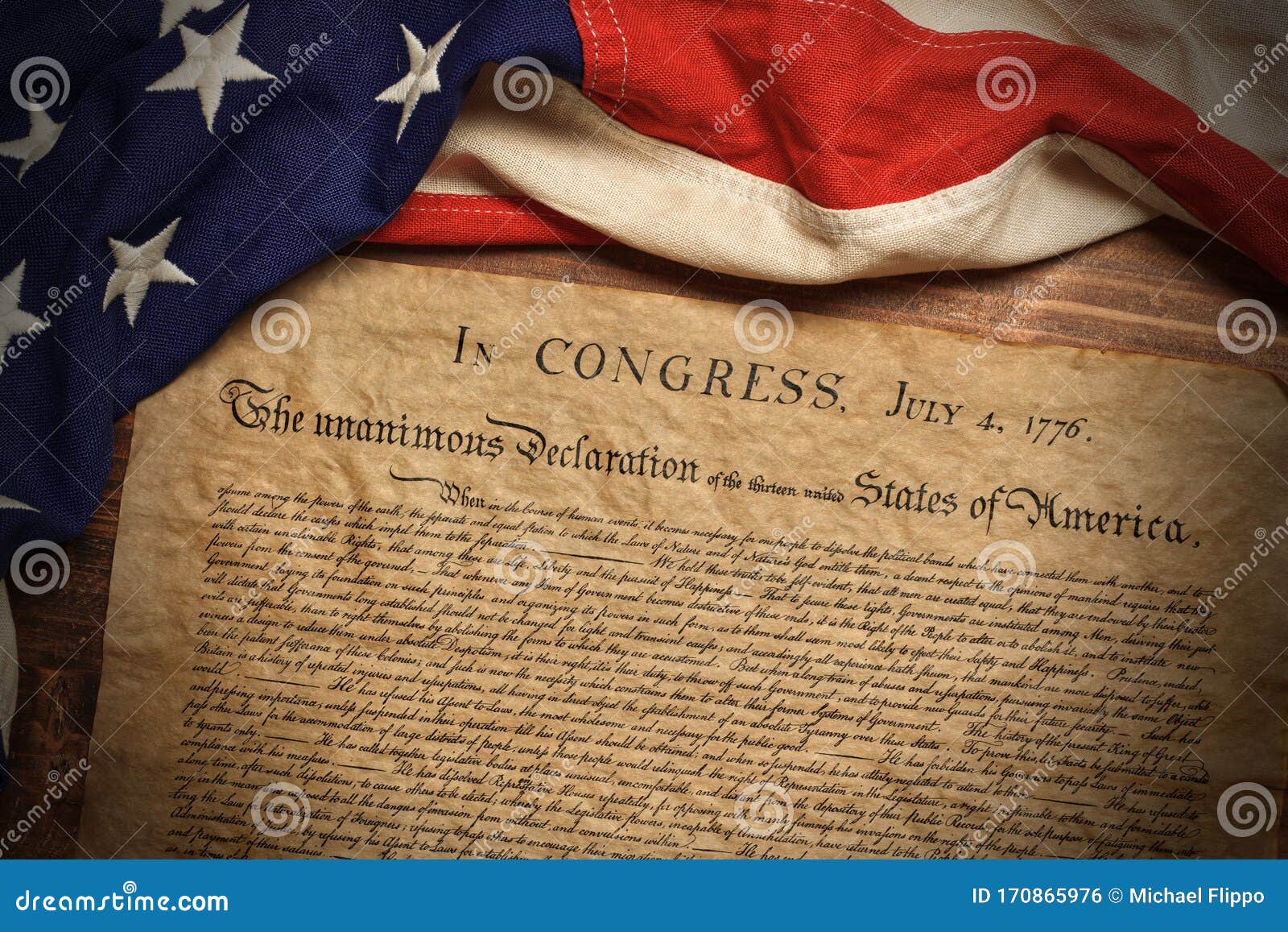 united states declaration of independence with a vintage american flag