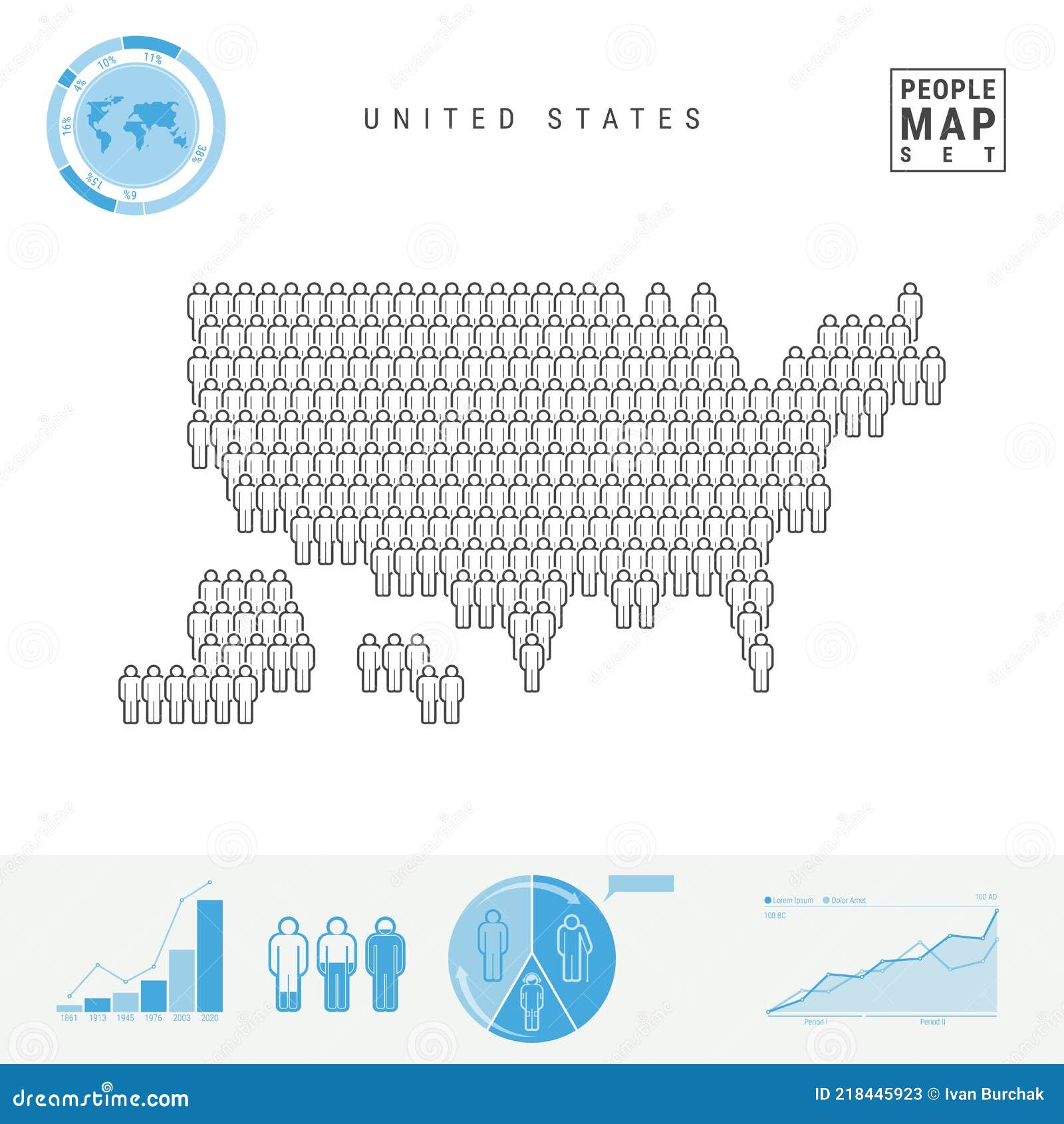 united states people icon map. stylized  silhouette of usa. population growth and aging infographic s