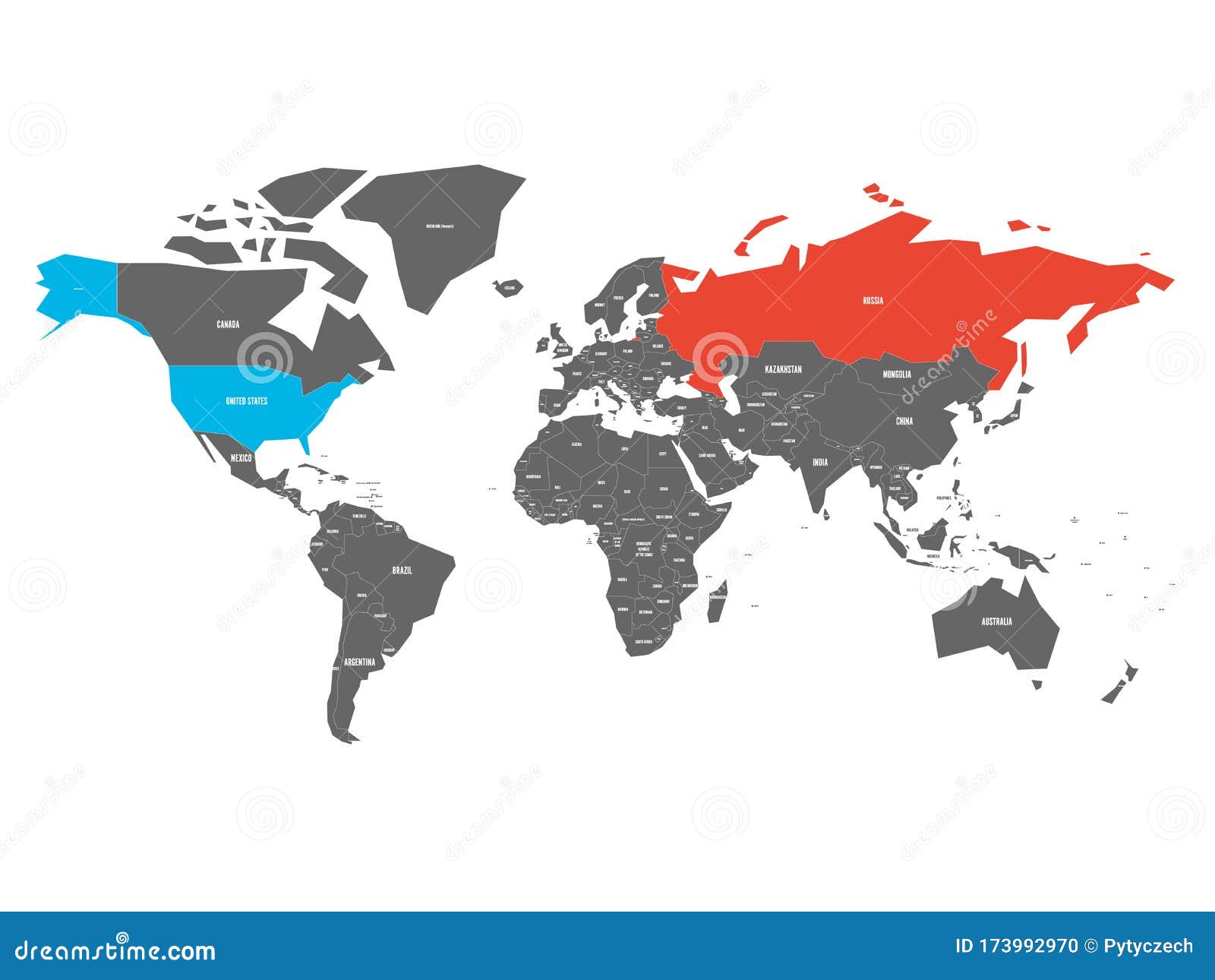 United States And Russia Highlighted On Political Map Of World Vector