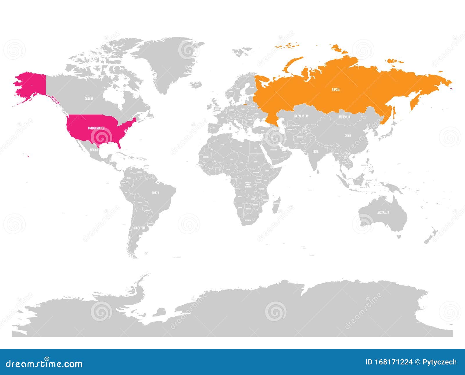 united-states-and-russia-highlighted-on-political-map-of-world-vector