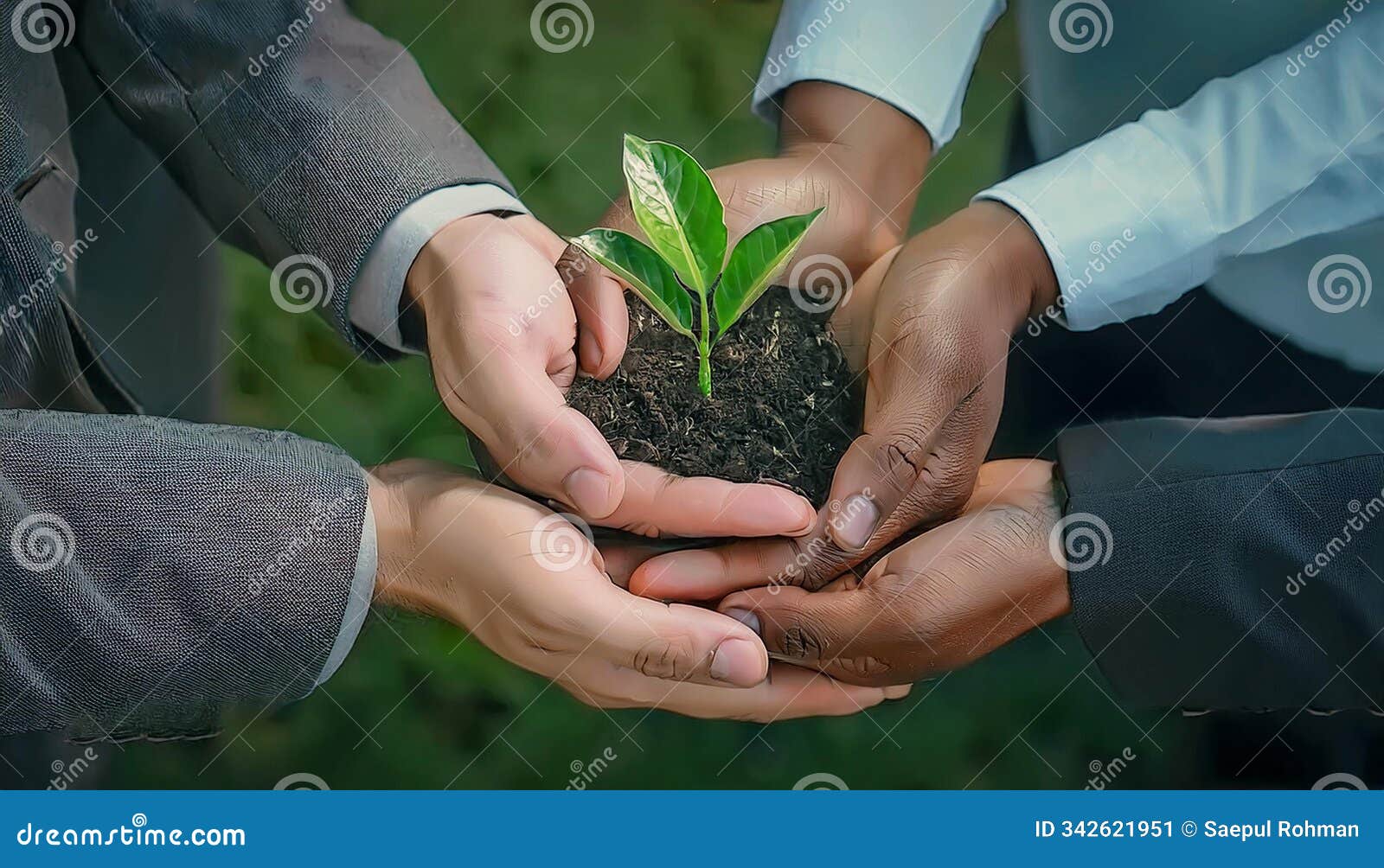unity of business people and community together protecting small sprout with hand
