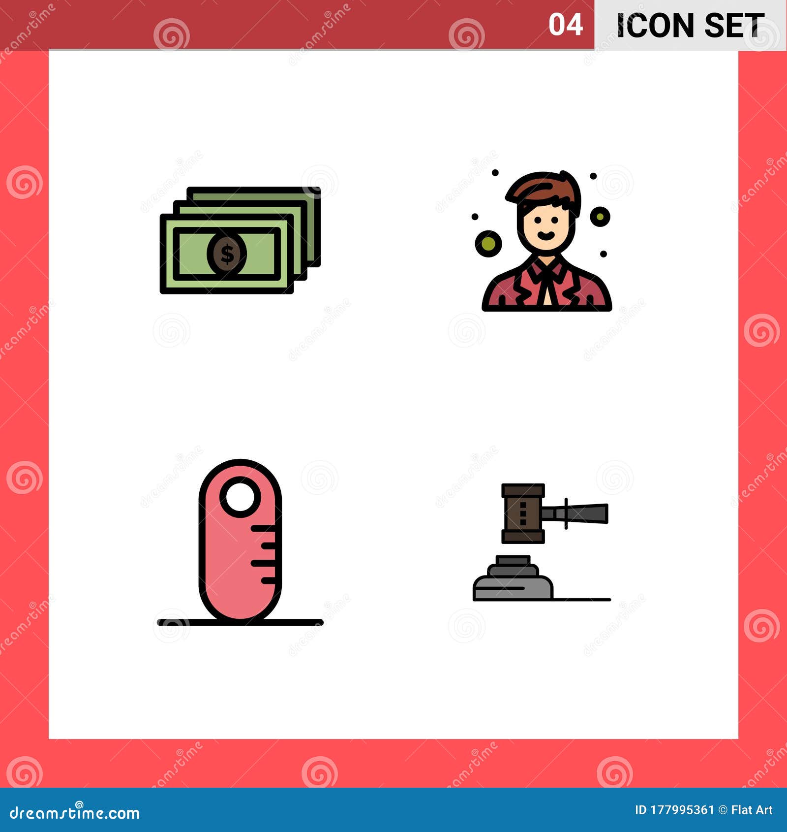 4 universal filledline flat colors set for web and mobile applications dollar, audiometer, coordinator, worker, action