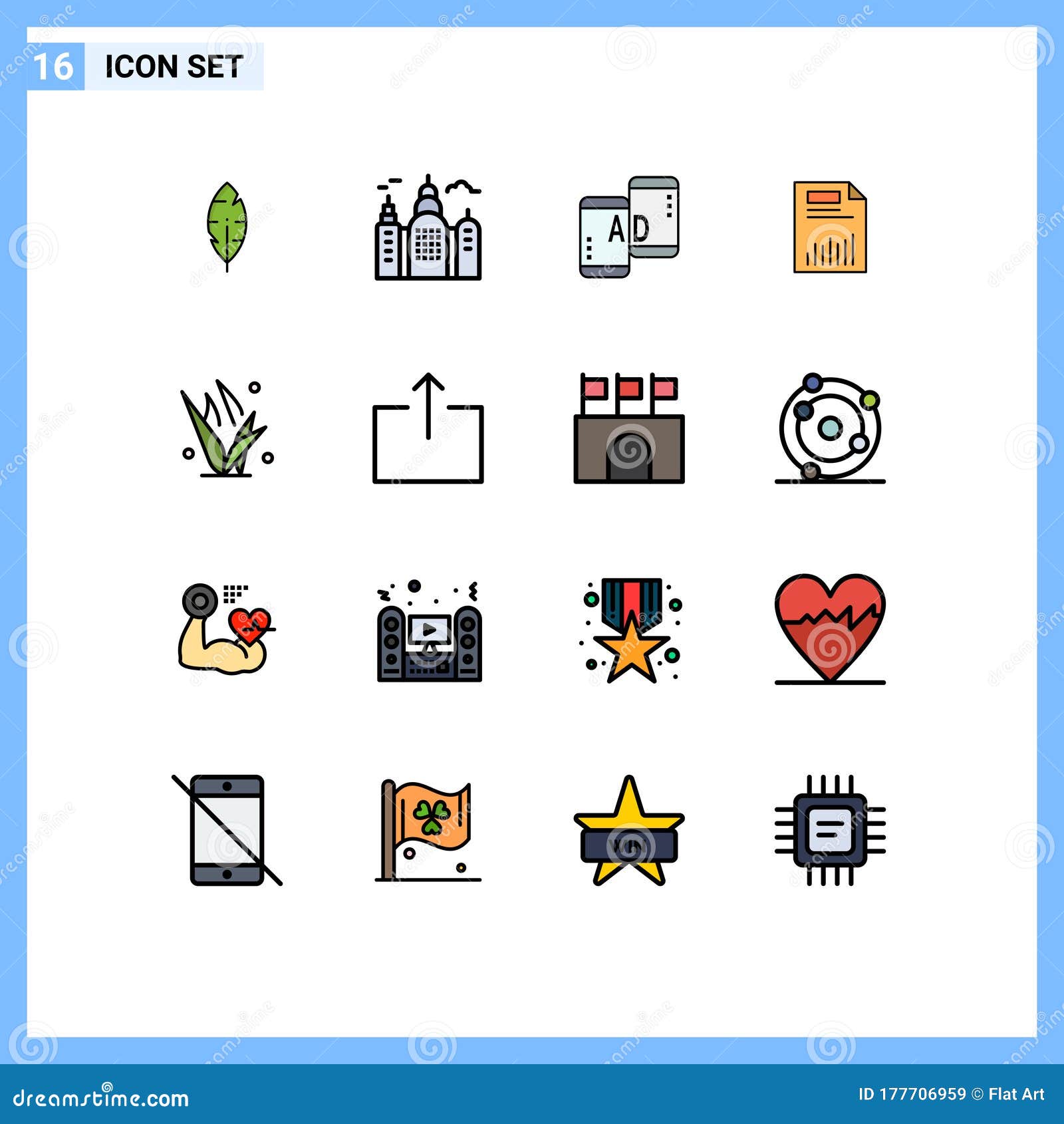 16 universal flat color filled lines set for web and mobile applications grass, paper, mobile advertisig, graph, chart