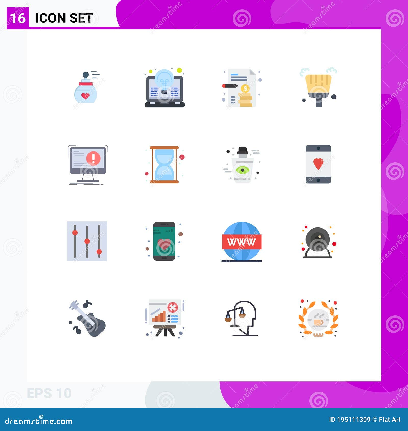 universal icon s group of 16 modern flat colors of attack, alert, light, sweep, broom