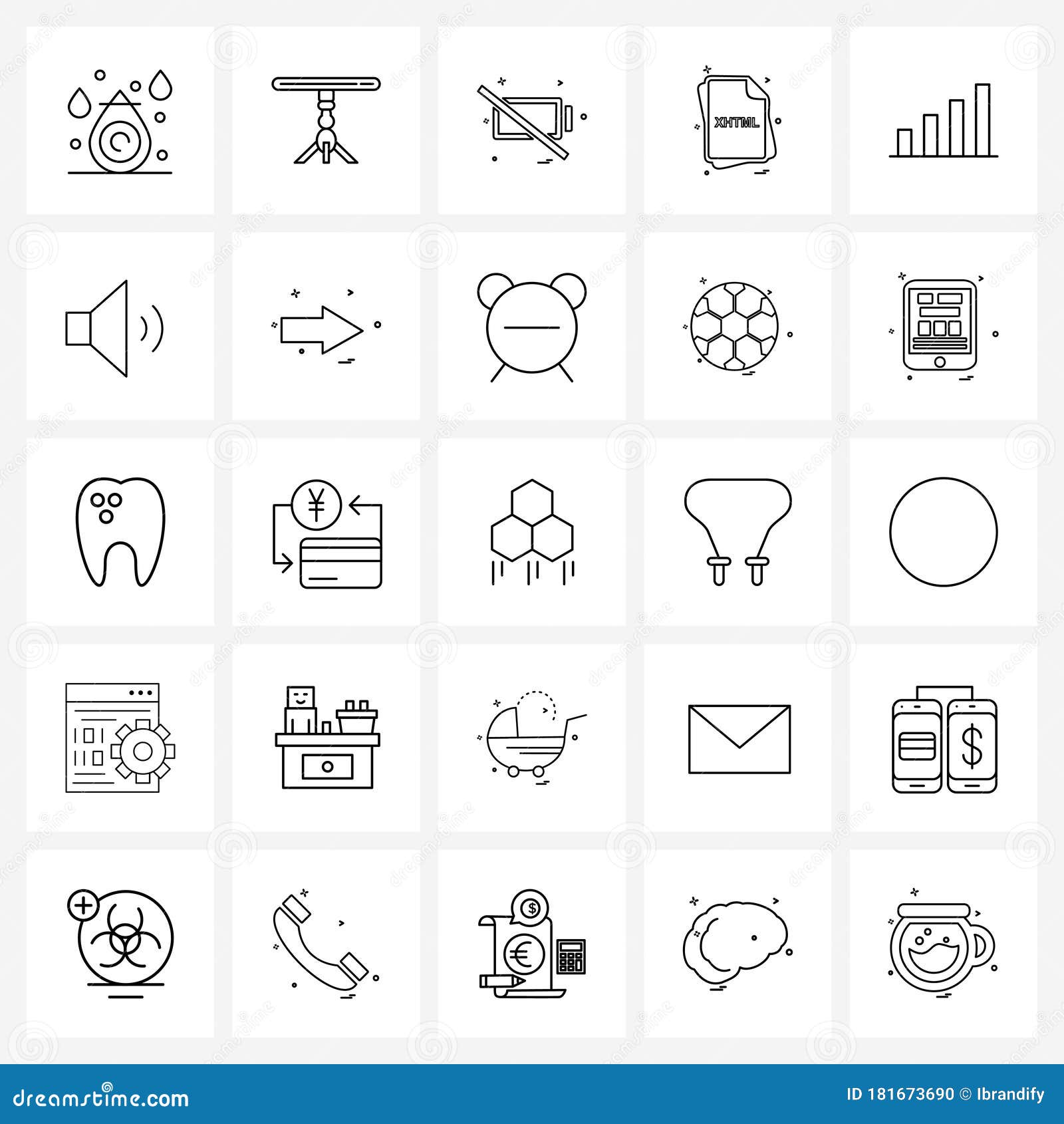 25 universal line icons for web and mobile signals, graph, empty battery, htm, file type