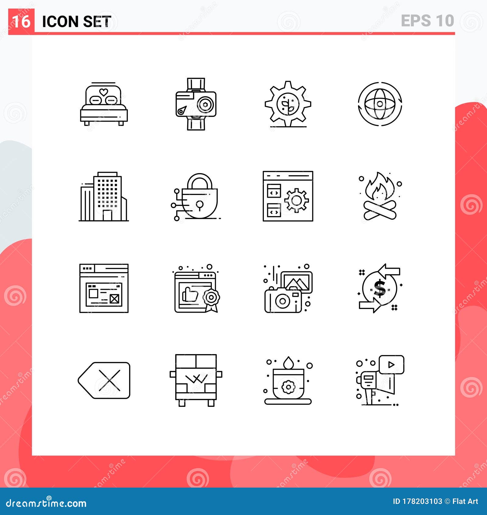 16 outline concept for websites mobile and apps building, attom, photo, earth, globe