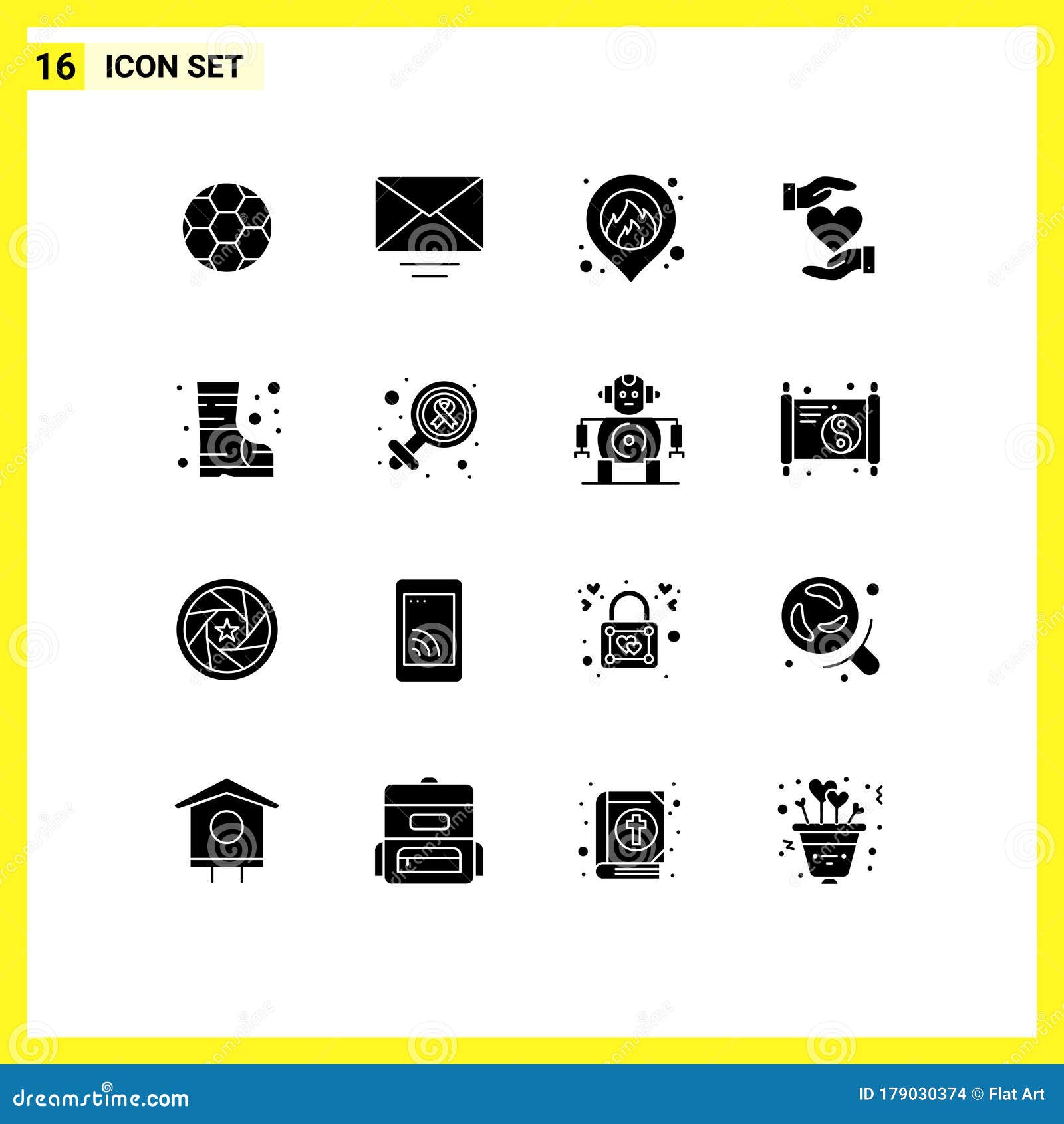 16 Universal Solid Glyph Signs Symbols of Safety, Boots, Location, Love