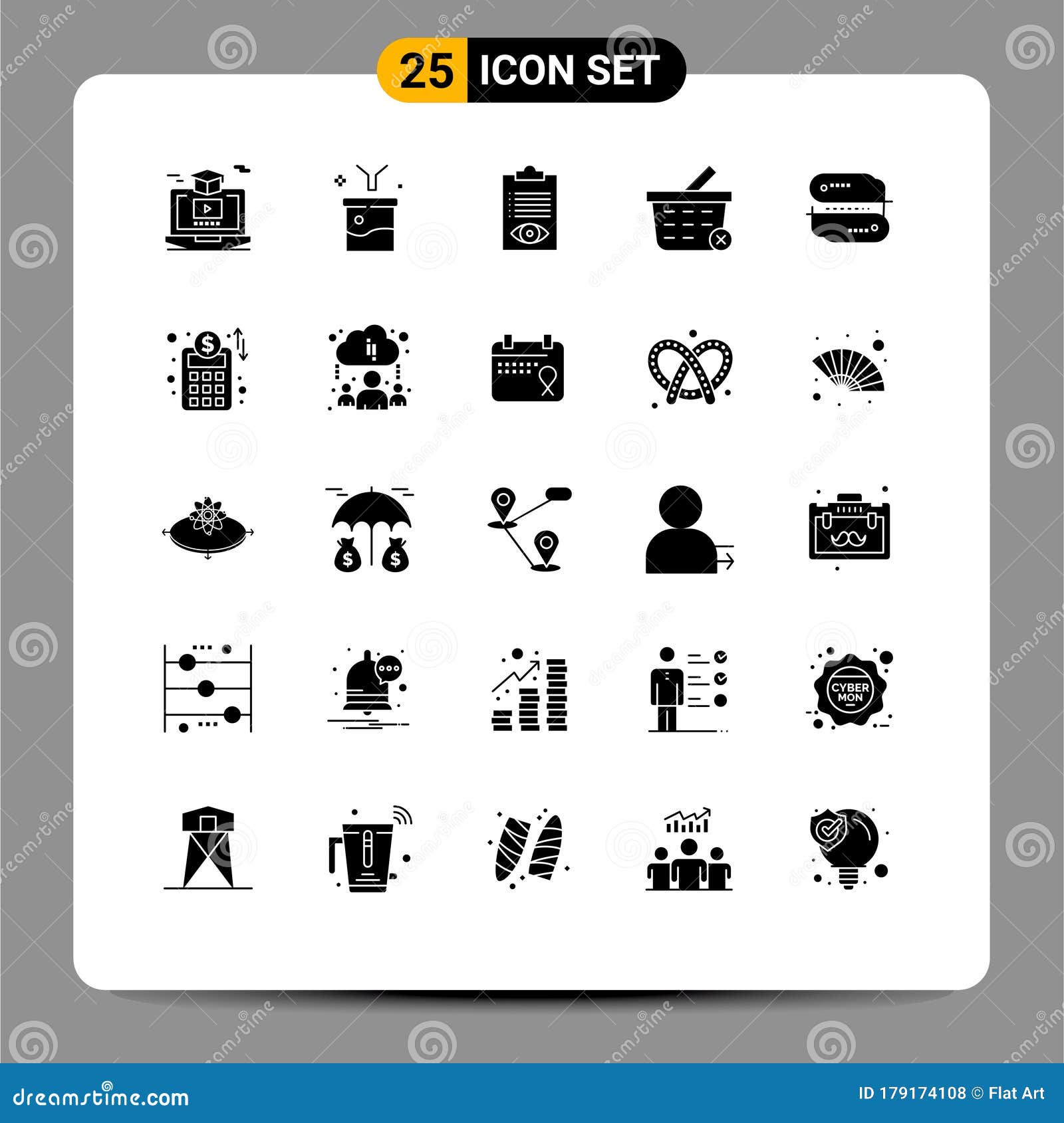 25 universal solid glyphs set for web and mobile applications shopping, basket, funnel, list, job