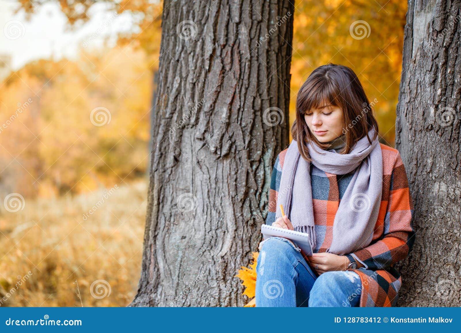 University Park, Study Concept. Portrait of Young Woman in Fall Forest ...