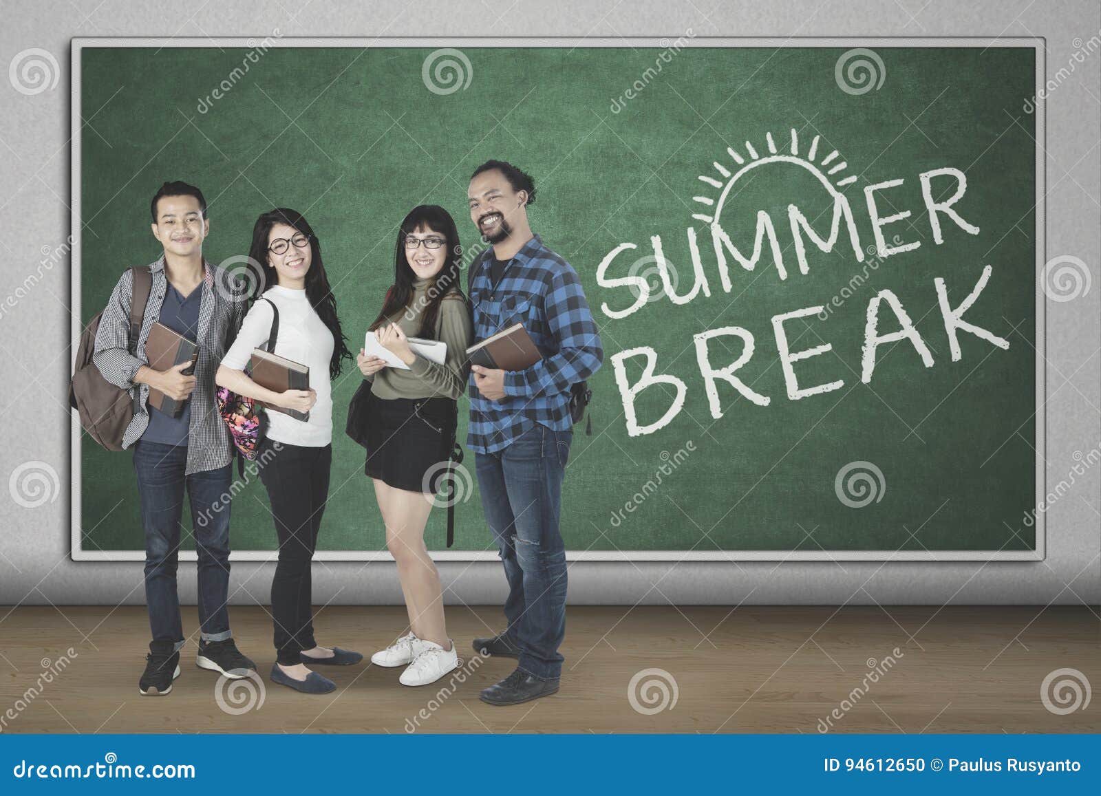 university students with text of summer break