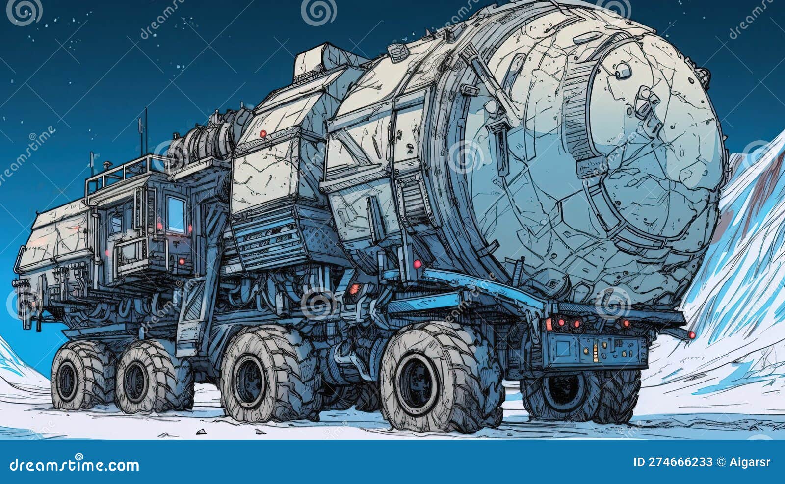 an unknown icy planet exploration with giant sci fi vehicle