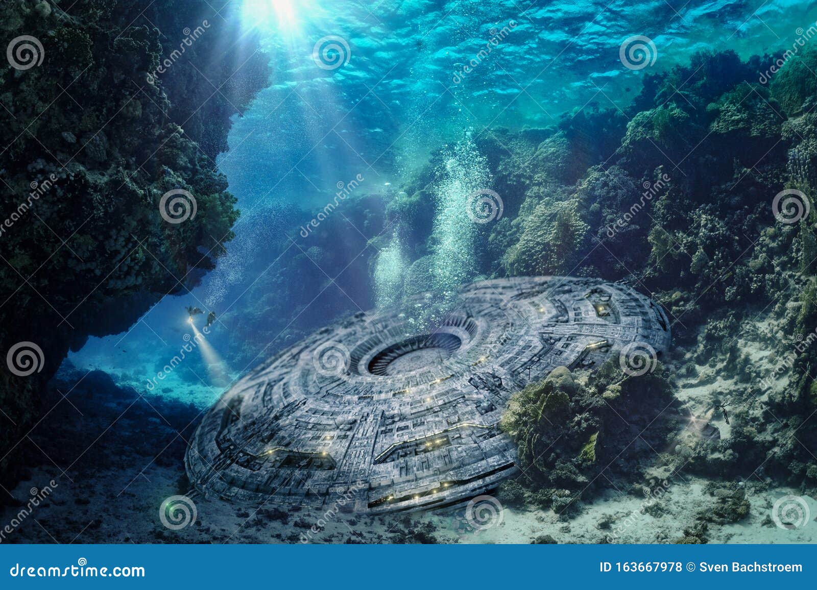 unknown object is explored underwater by divers - 3d-
