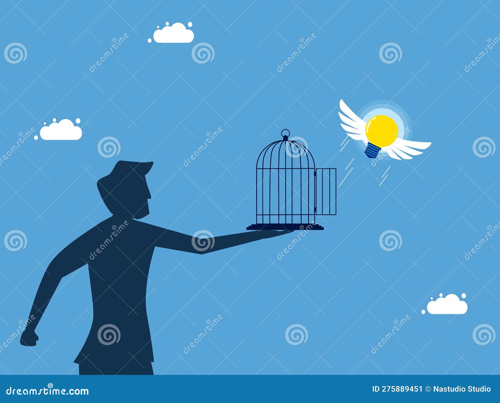 Unleash Creativity. Man Releases Light Bulbs To Fly Freely Stock Vector