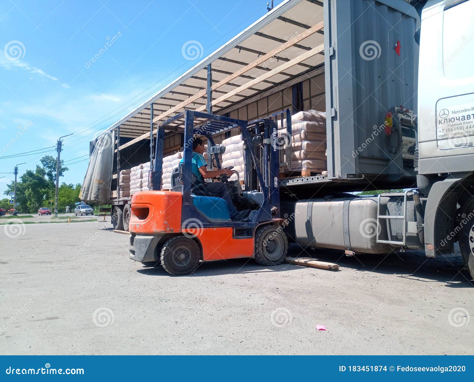 Unloading Bags Of Cement From A Truck With A Forklift Editorial Stock Image Image Of Bags Stockpile 183451874