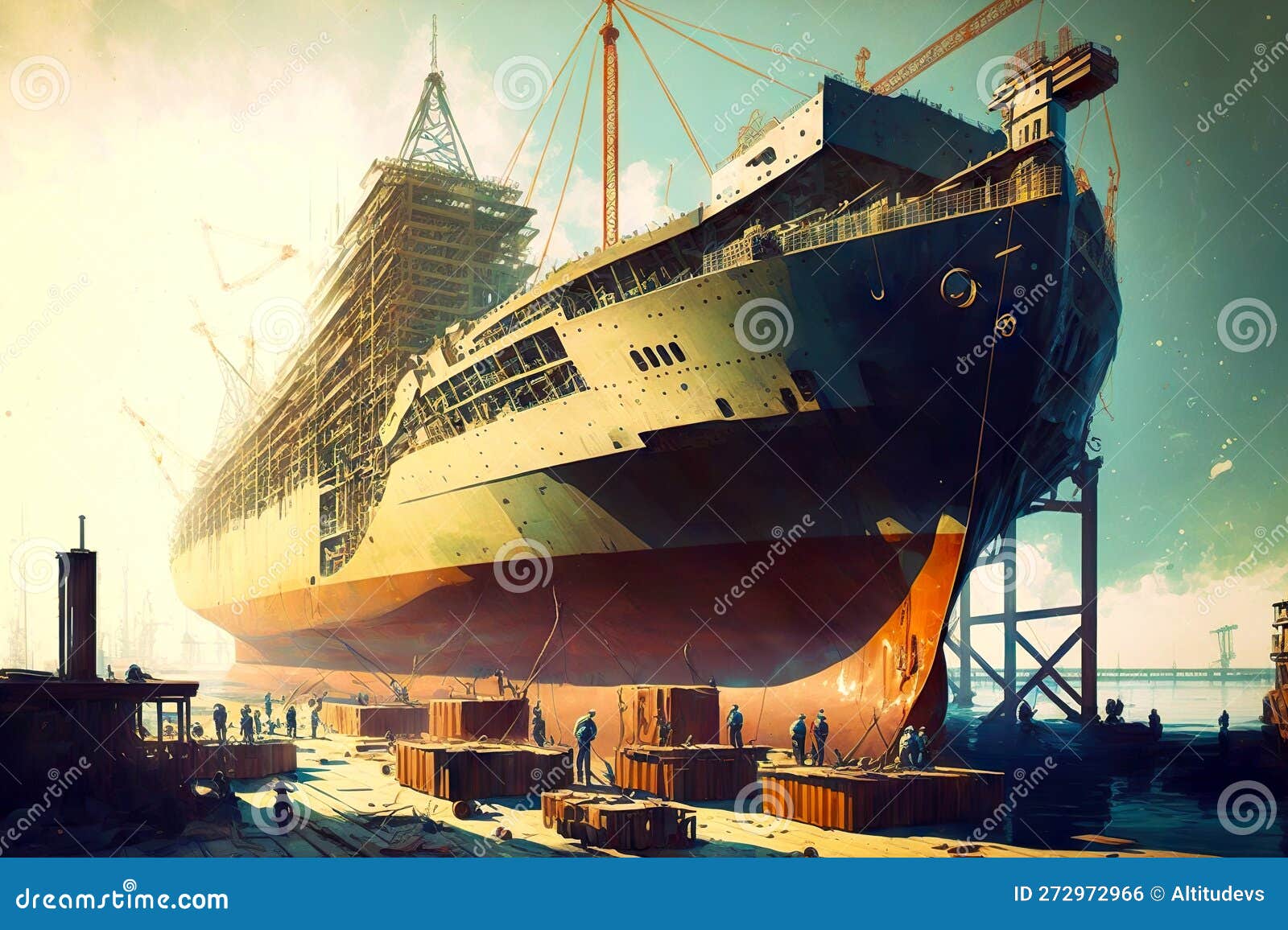 Unloading and Preparing for Repairs Steamer at Dock Shipbuilding Stock