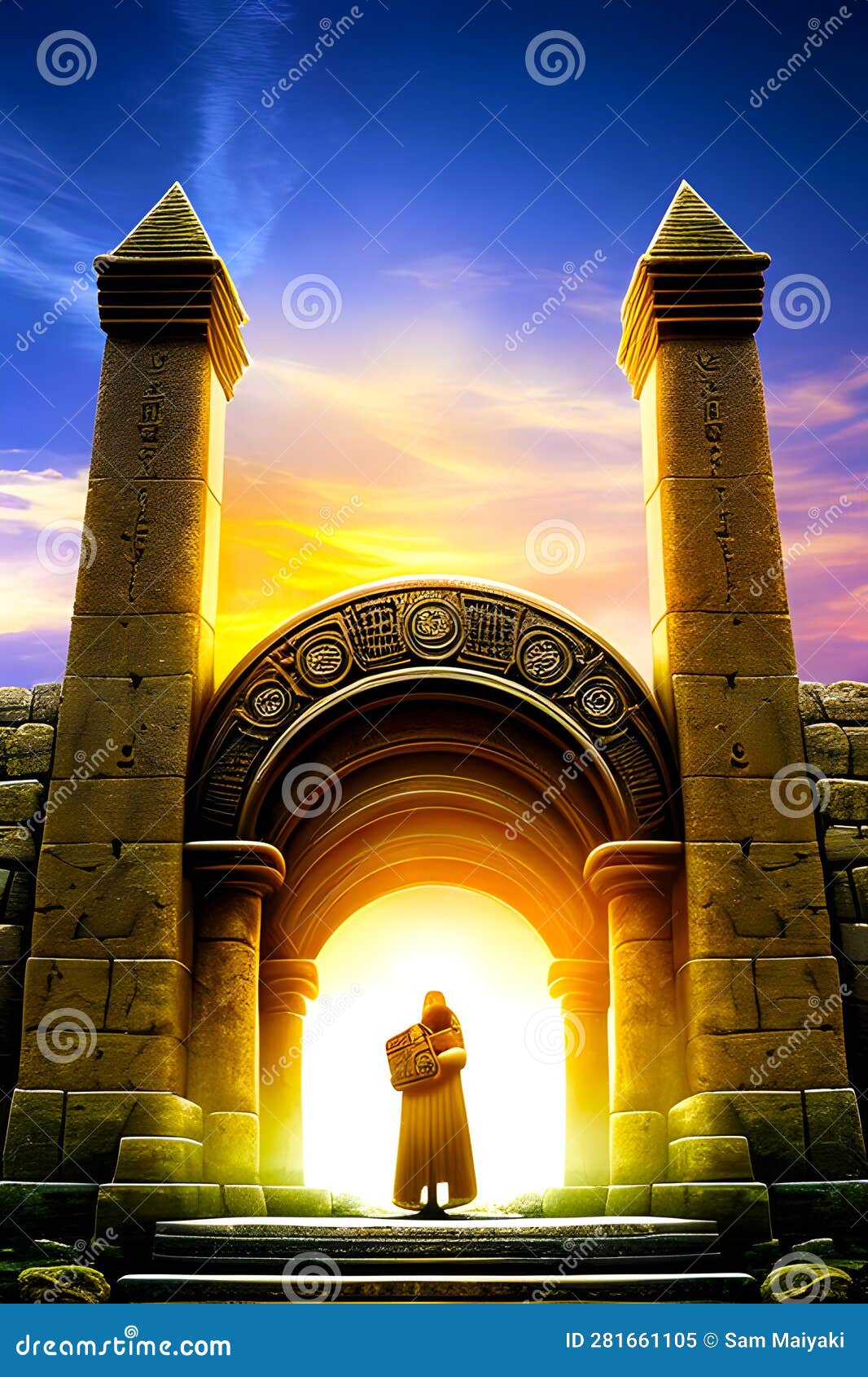 ancient stargate with a man walking through generated by ai