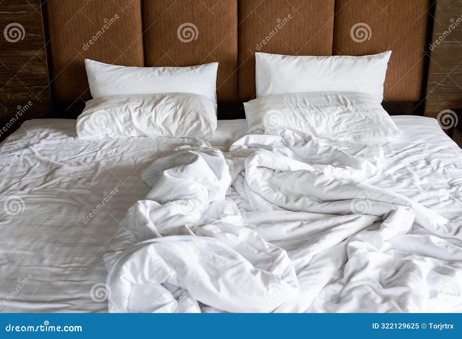 Unmade Bed with White Linens, Crumpled Empty and Messy Bed in Hotel Room  Stock Image - Image of home, closeup: 322129625, image size:1600x1175