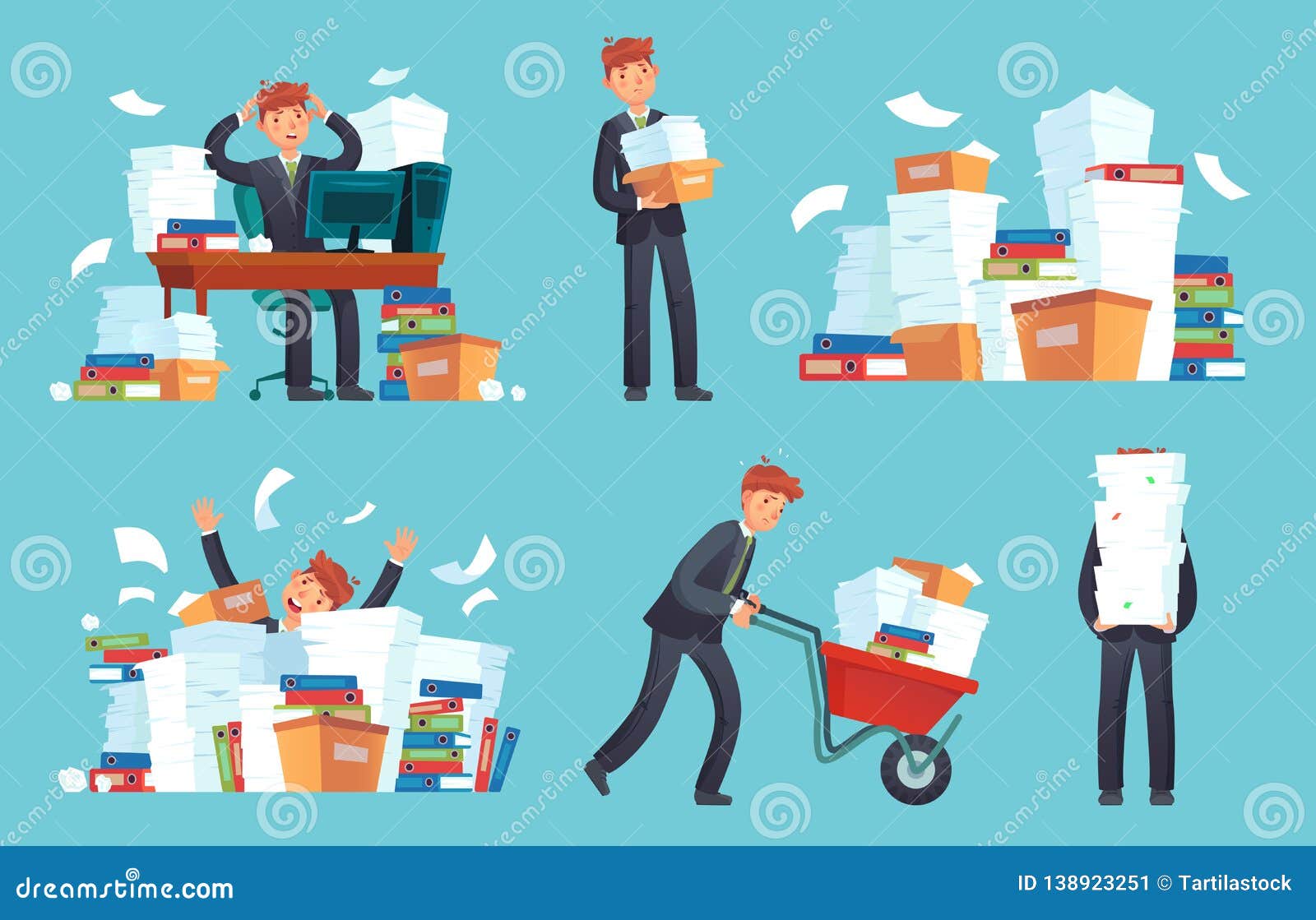 Unorganized Office Papers Businessman Overwhelmed Work Messy Paper