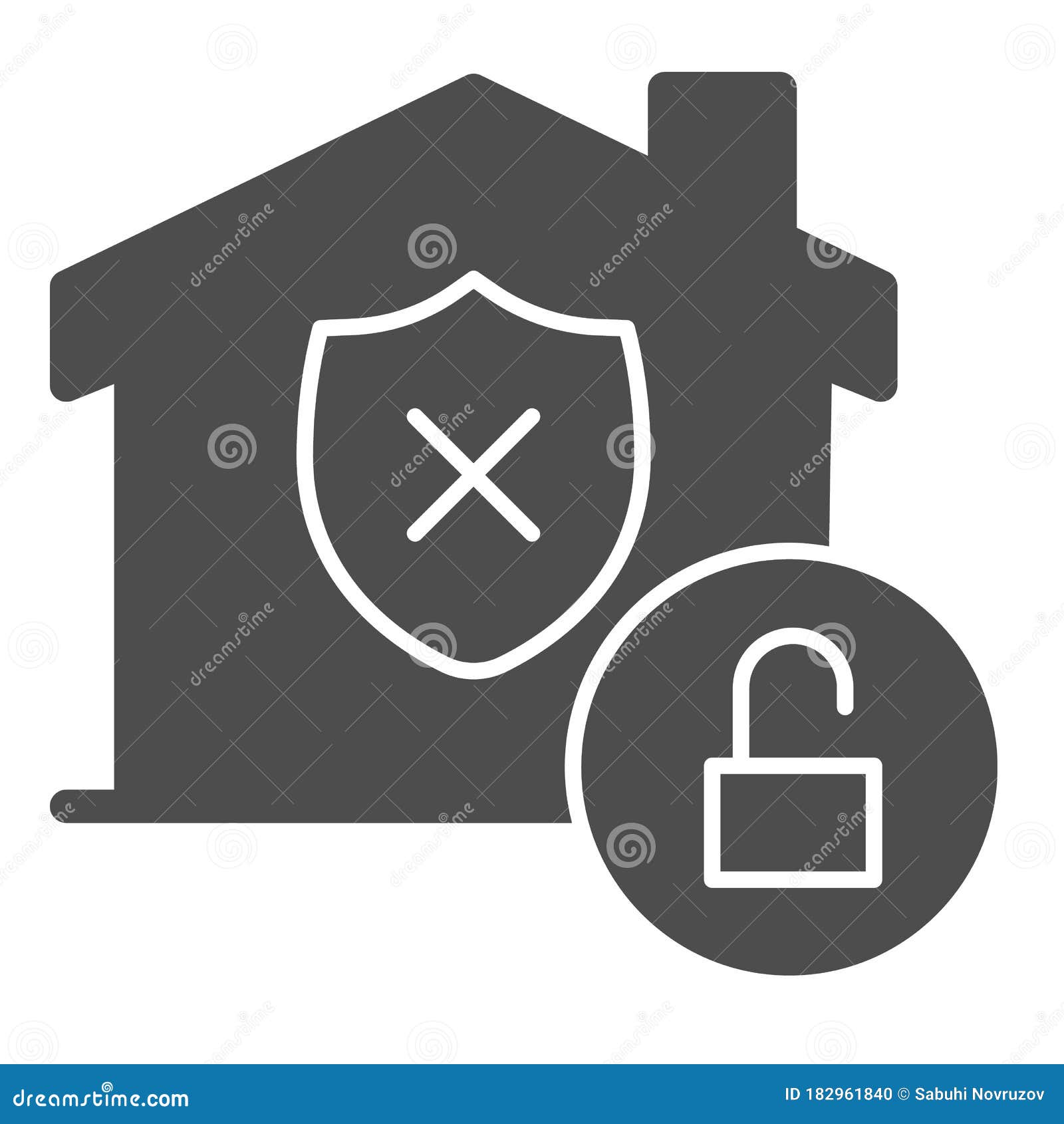 Unprotected Building Emblem and Open Lock Solid Icon, Smart Home Symbol ...