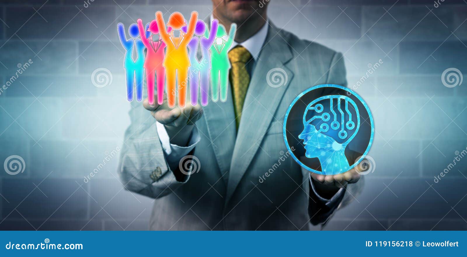manager raising multicultural team above ai app