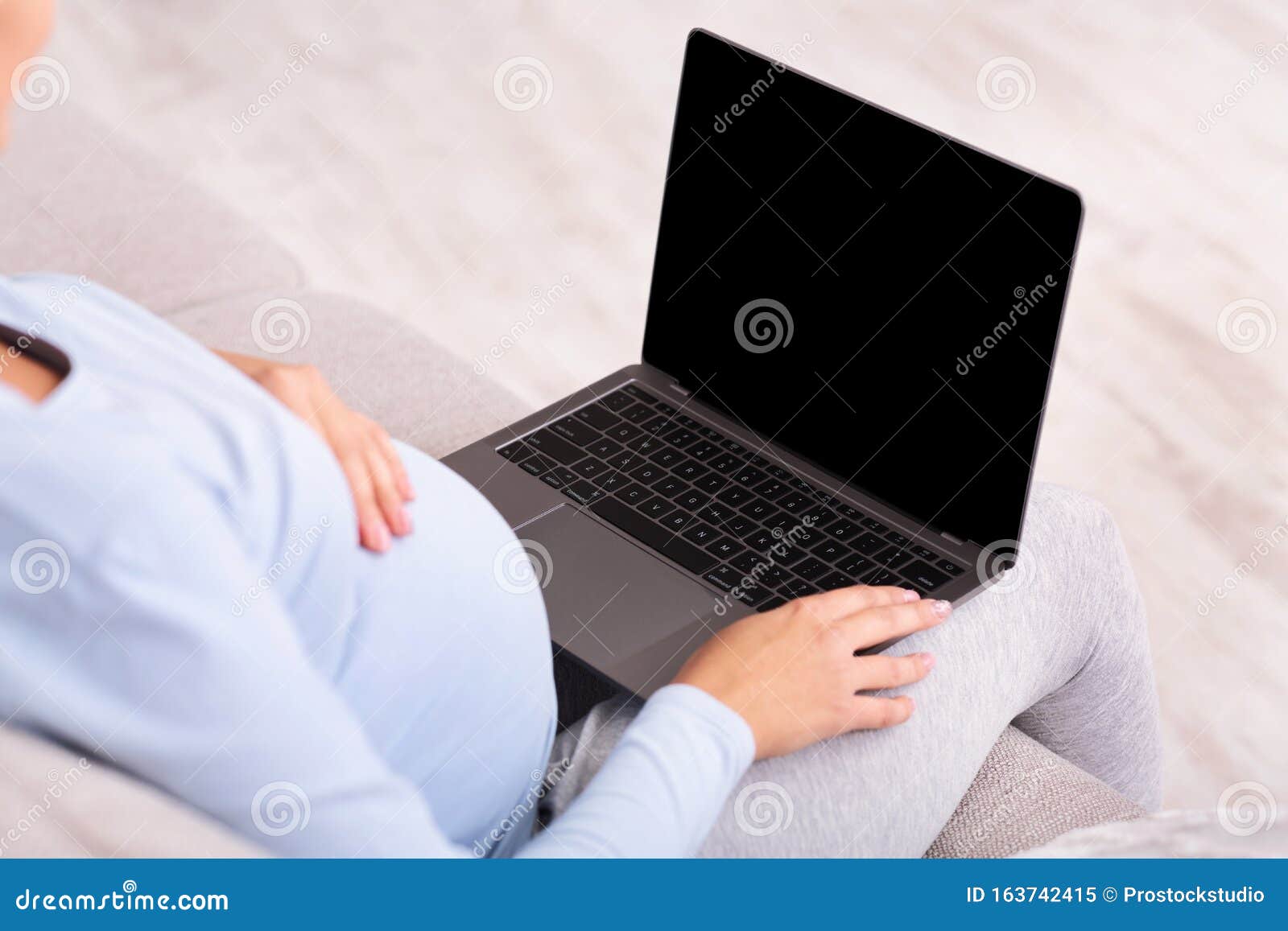 Unrecognizable Pregnant Lady Using Laptop Sitting On Sofa Indoor