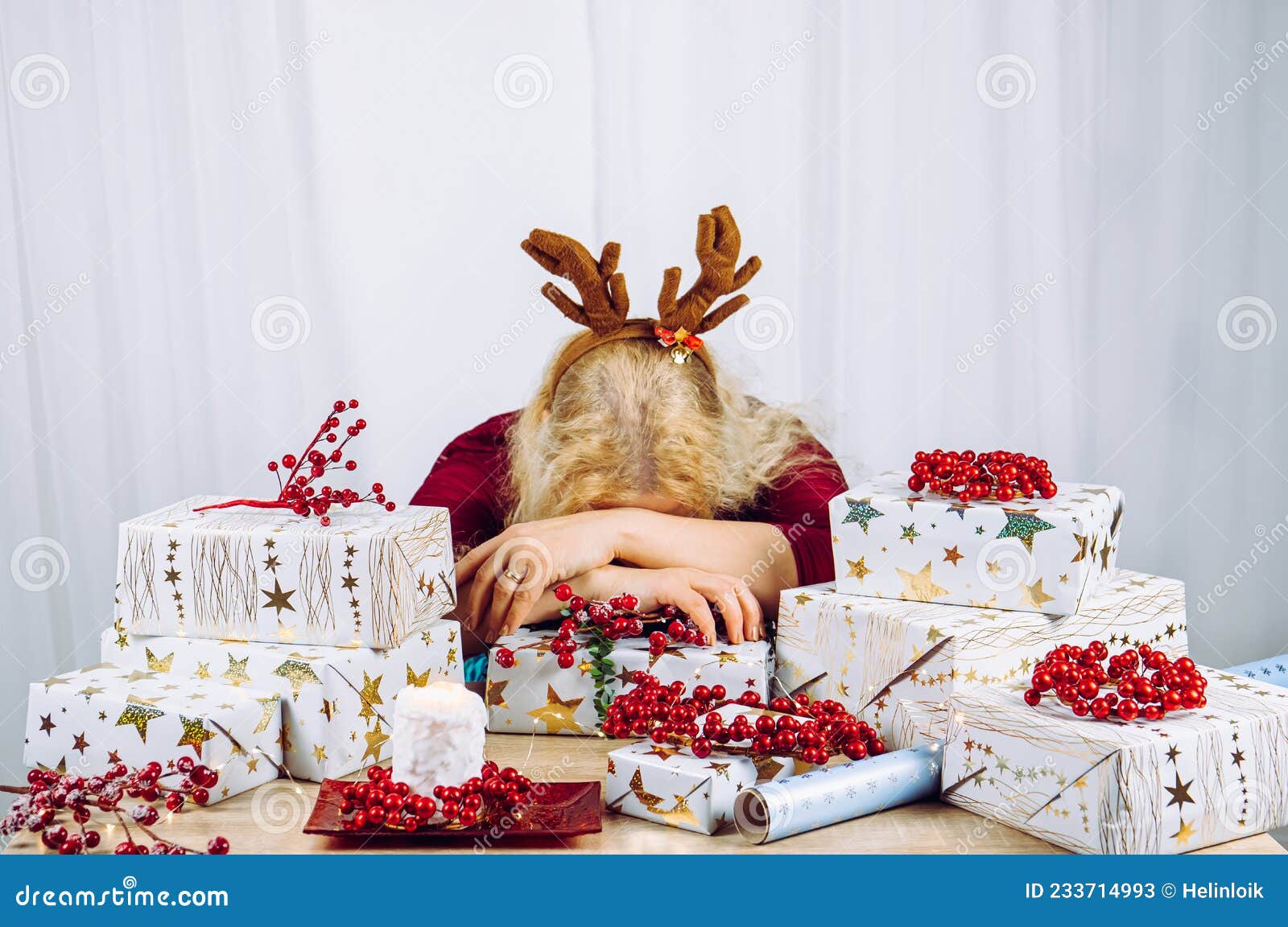 Unrecognizable Woman Housewife Tired of Wrapping Christmas Presents in  Home. Stacks of Gifts. Stock Image - Image of home, decoration: 233714993