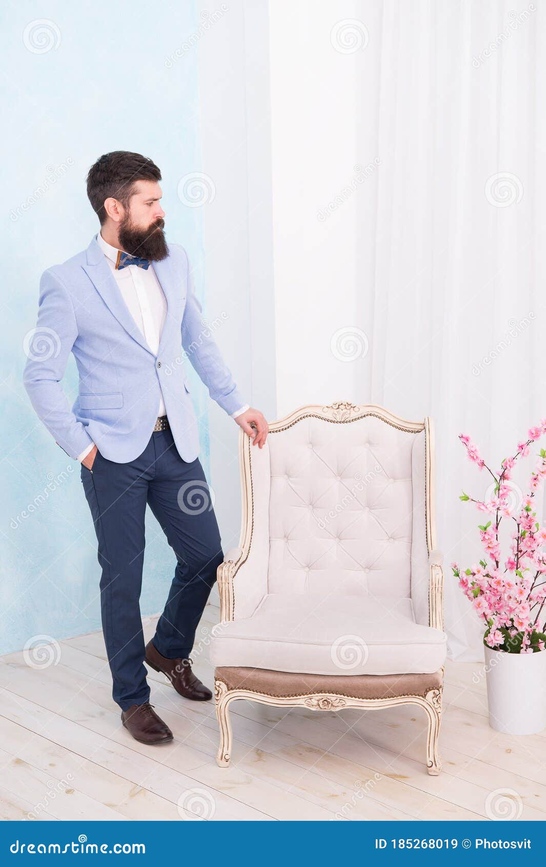 unshaven man at luxury chair. professional interior er. bride groom on wedding day. event host wear bow tie. adult