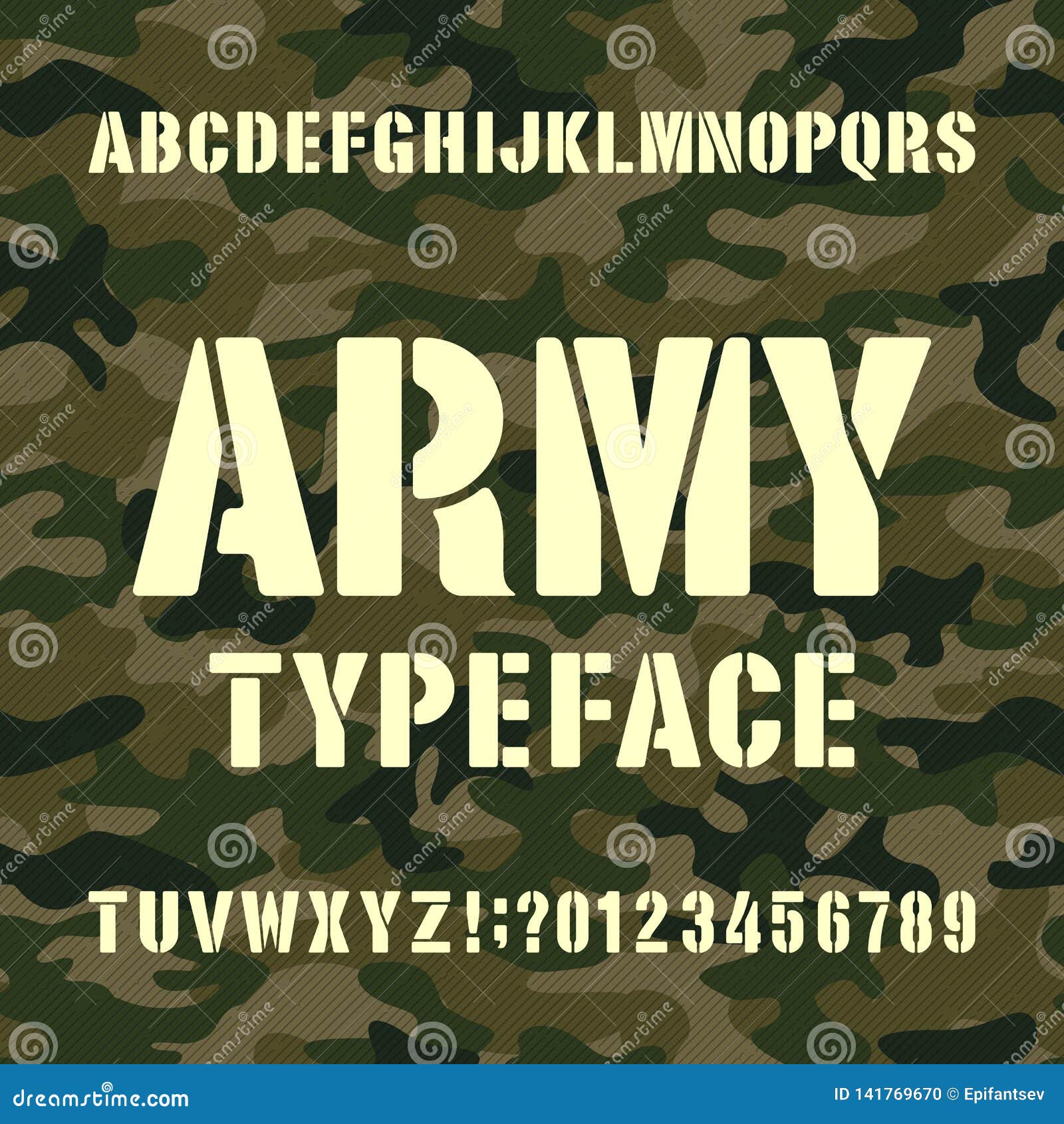army alphabet typeface. stencil letters and numbers on distressed camo background.