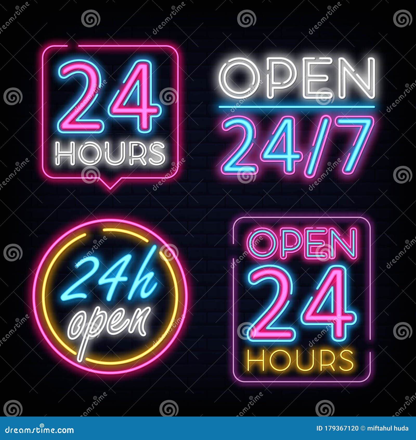 Set Open 24 Hours Neon Signs Vector Stock Vector Illustration of