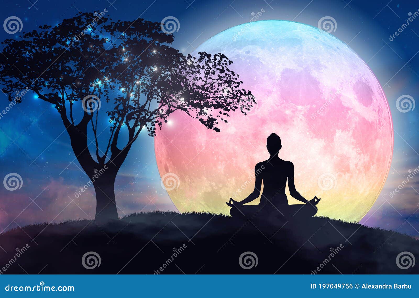 mountain girl silhouette, meditation under stars, full pink moon