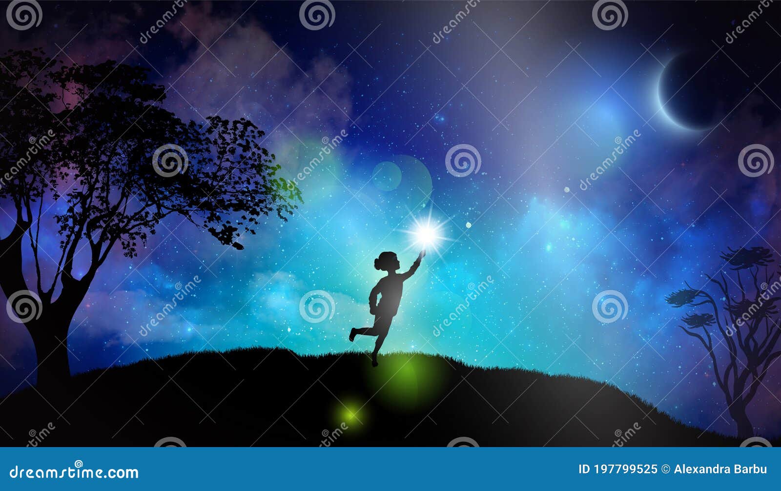 child with spark of hope, the light of faith, new moon, night sky, nature background