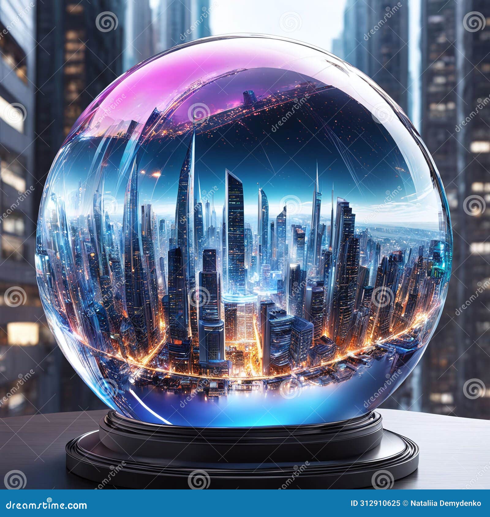 a round transparent glass ball with the skyscrapers of duntown